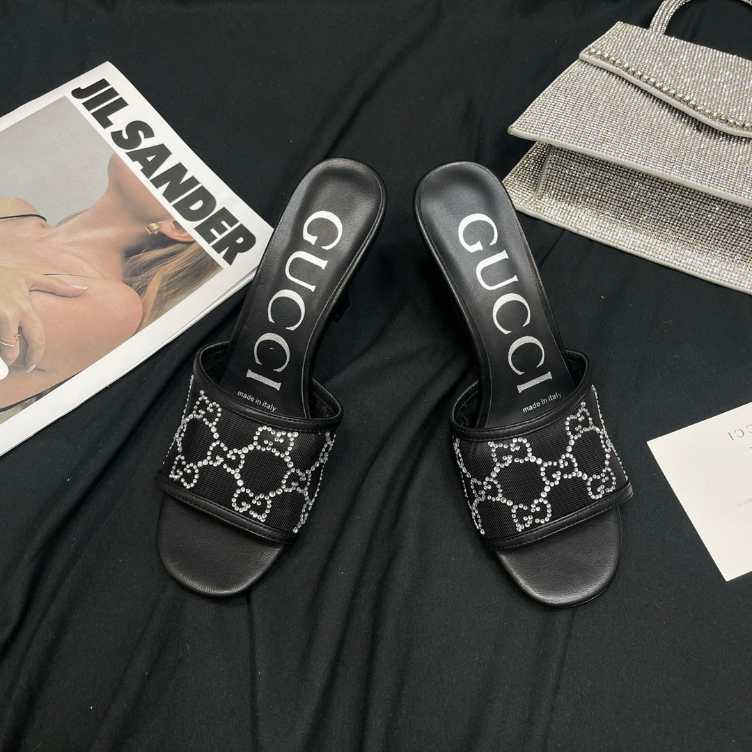 Black GG Mid-Heel Slide Sandal