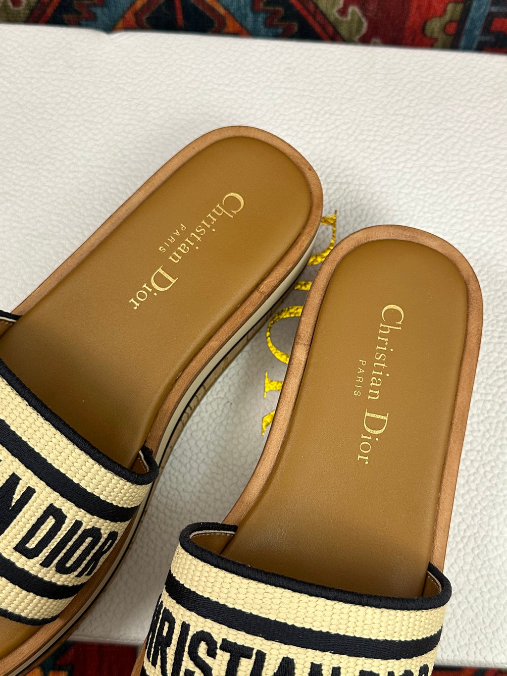 Natural Raffia & Black Embroidered DD Platform Slide