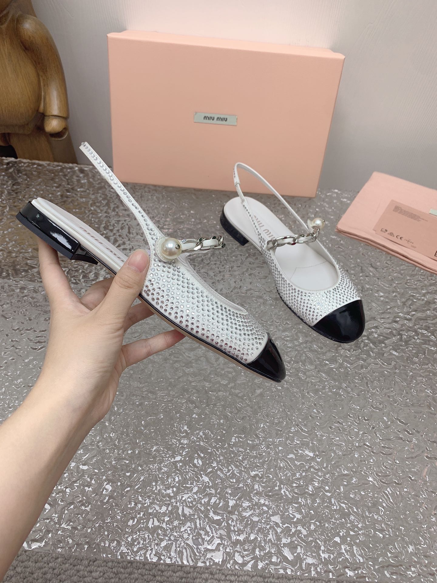 Ivory/Black Satin Slingback Ballerinas With Crystals