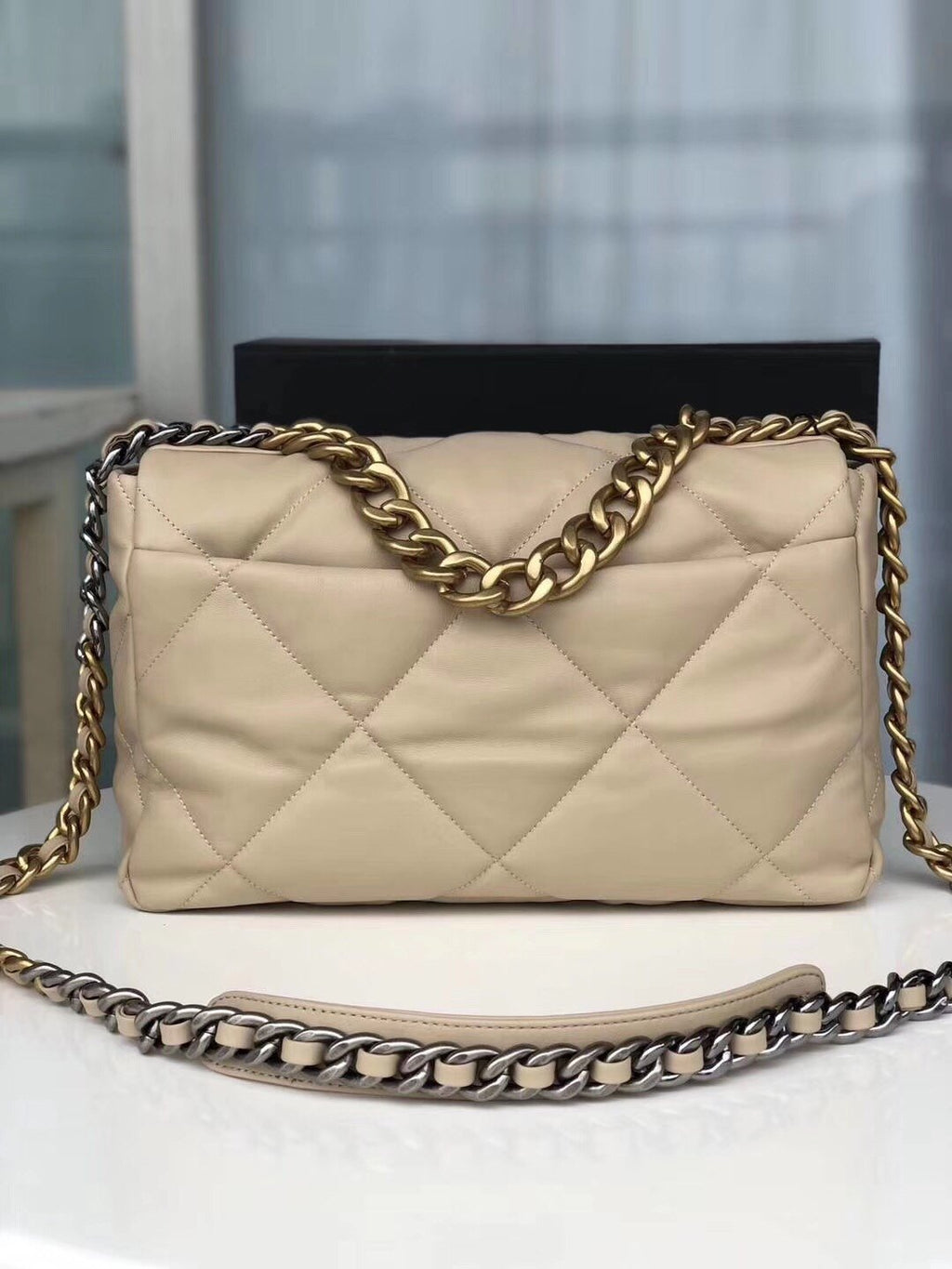 Large beige 19 flap bag