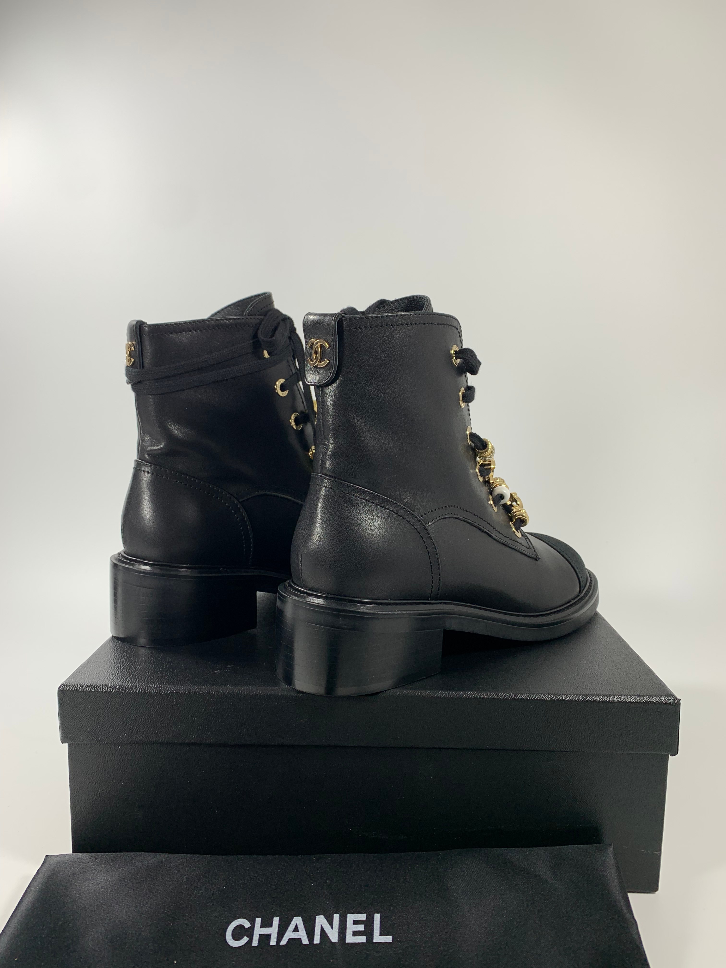 Leather, Grosgrain, Imitation Pearls, Strass & Metal Combat Boots