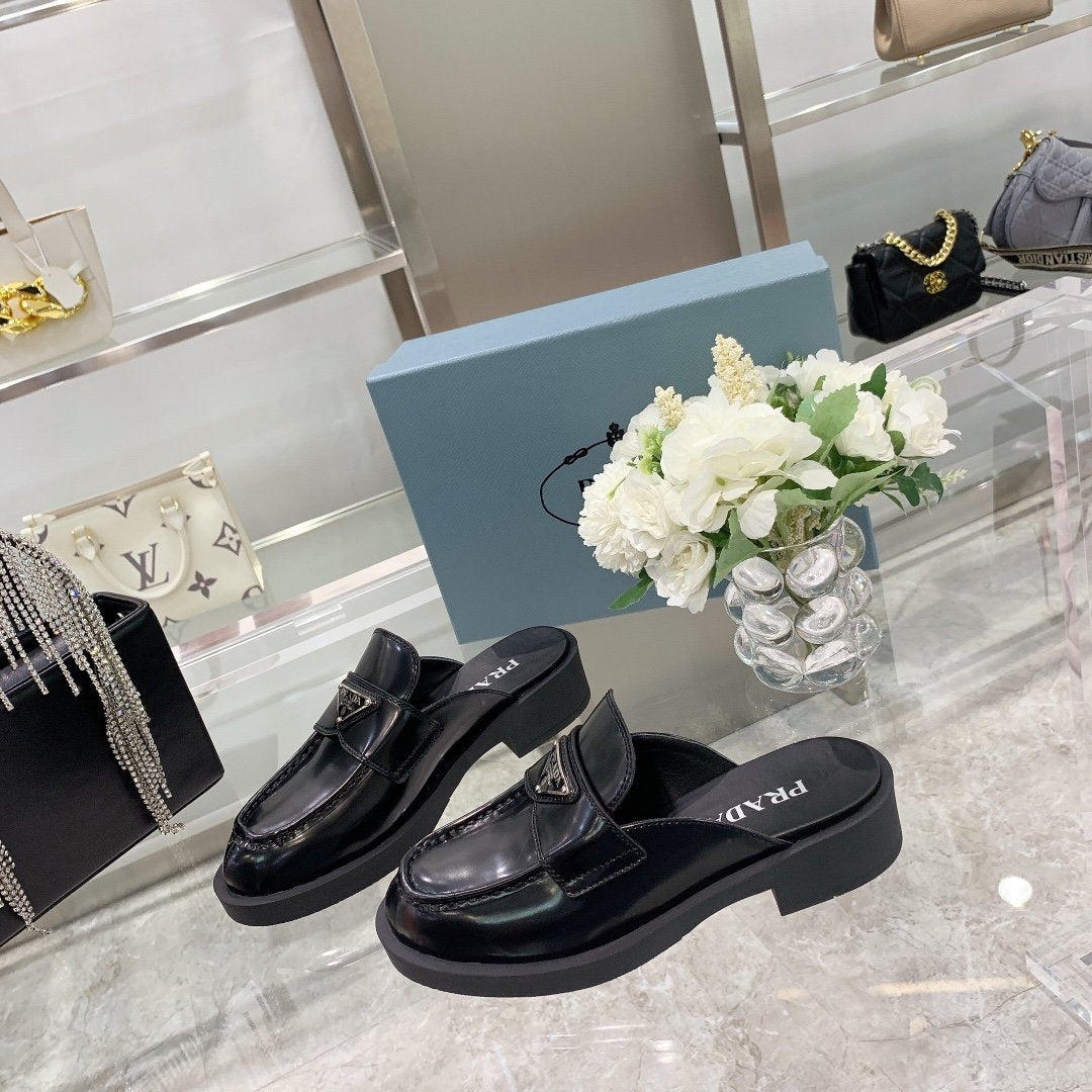 Black Brushed leather mules