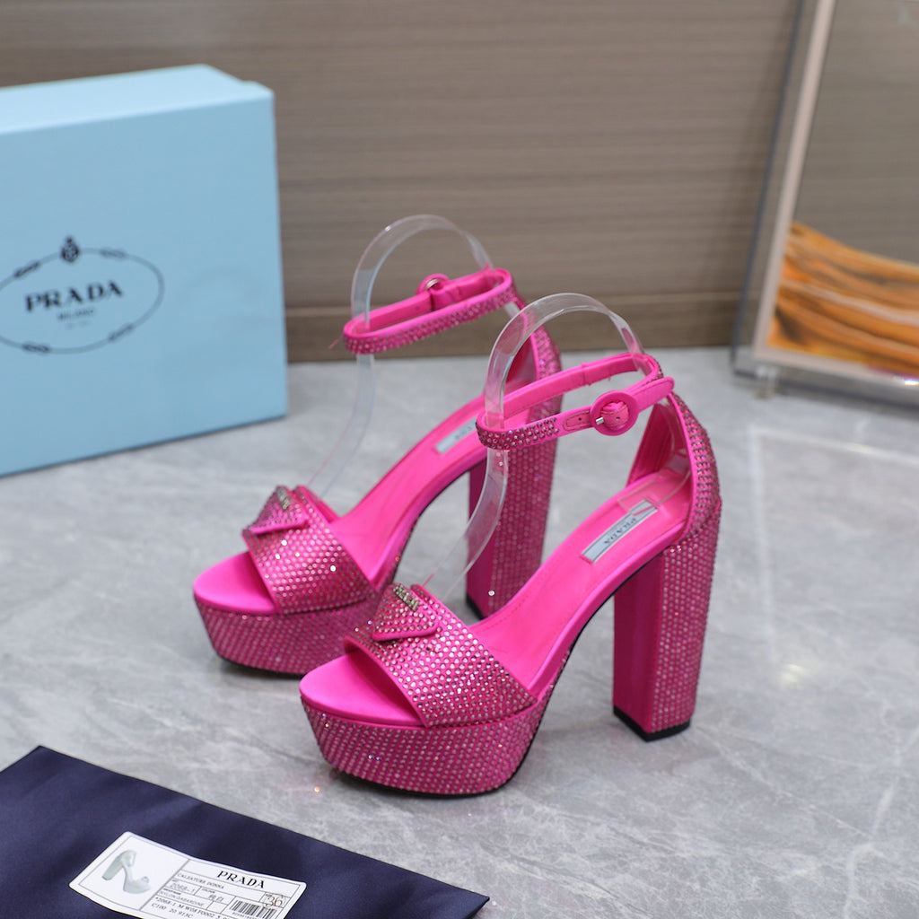 Pink Satin Platform Sandals With Crystals