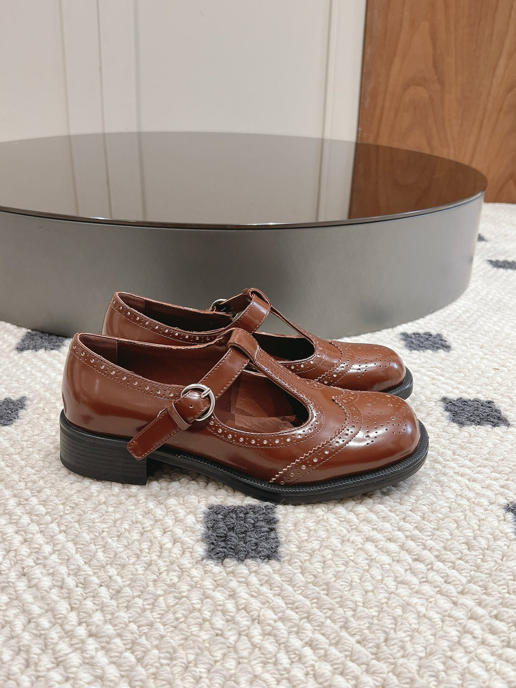 Tobacco Brushed Leather T-Strap Brogue Shoes