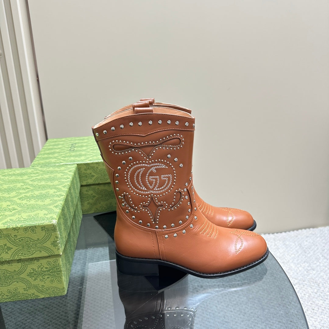 Brown Boot With Double G & Studs