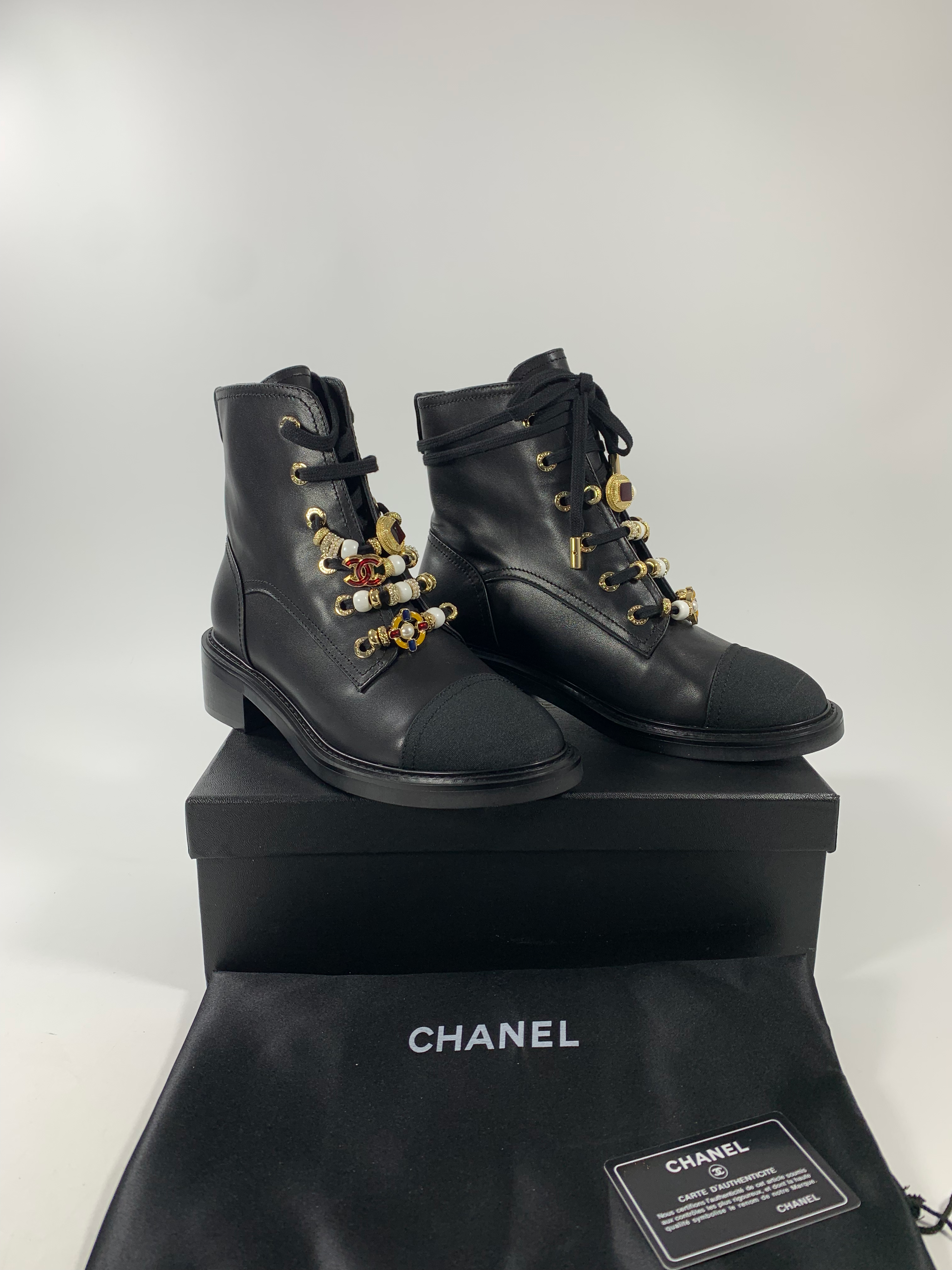 Leather, Grosgrain, Imitation Pearls, Strass & Metal Combat Boots