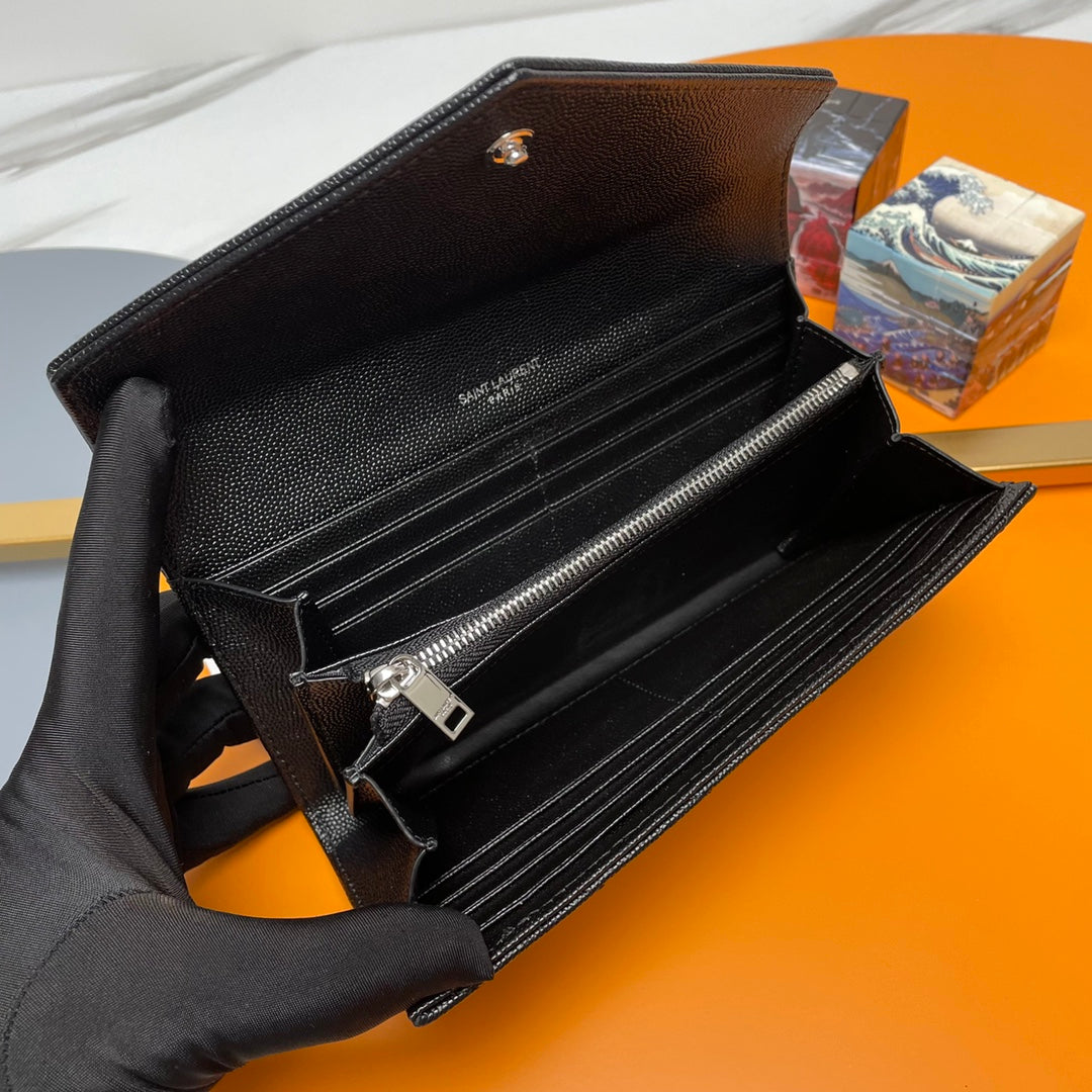 Black Large Flap Wallet With Silver-Tone Hardware