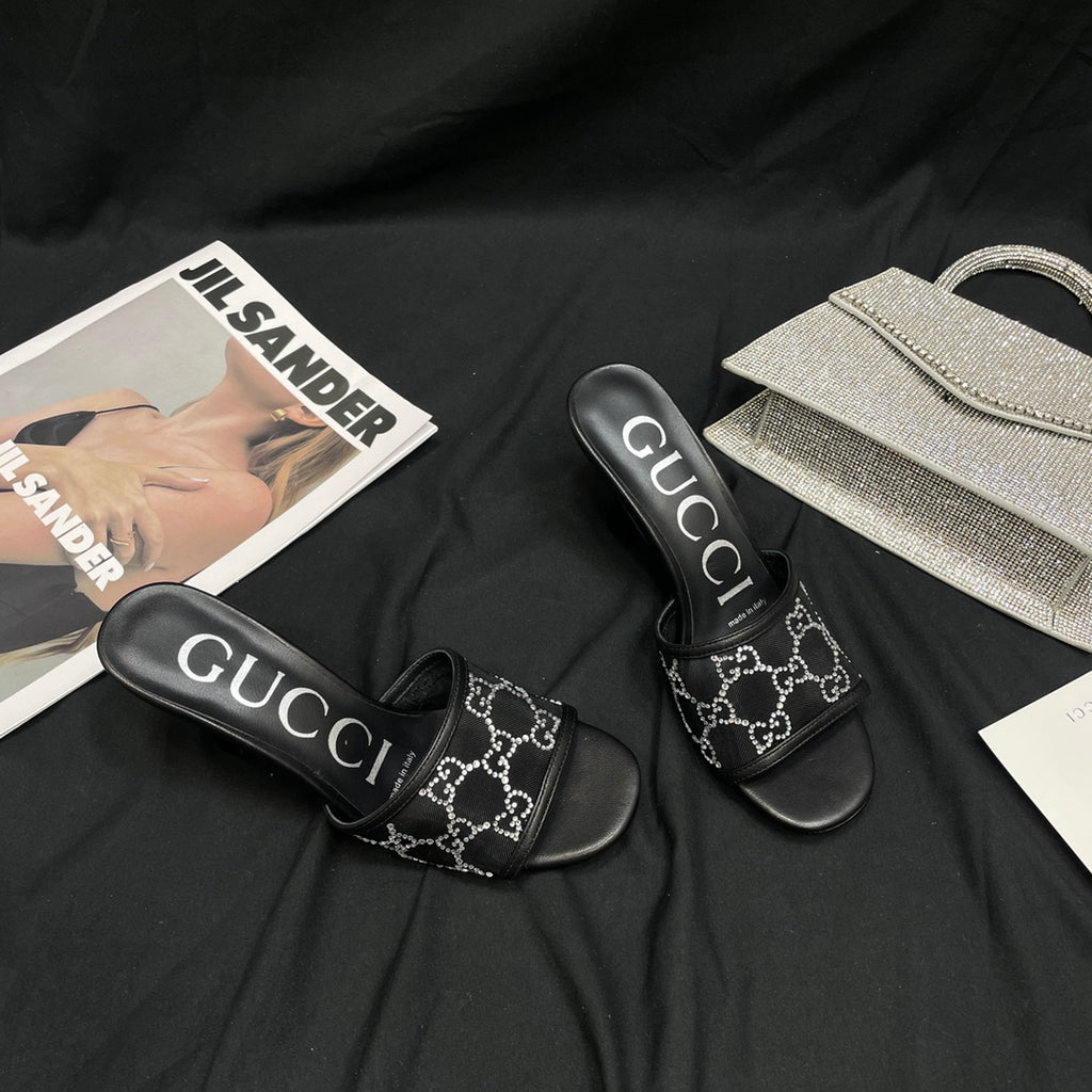 Black GG Mid-Heel Slide Sandal