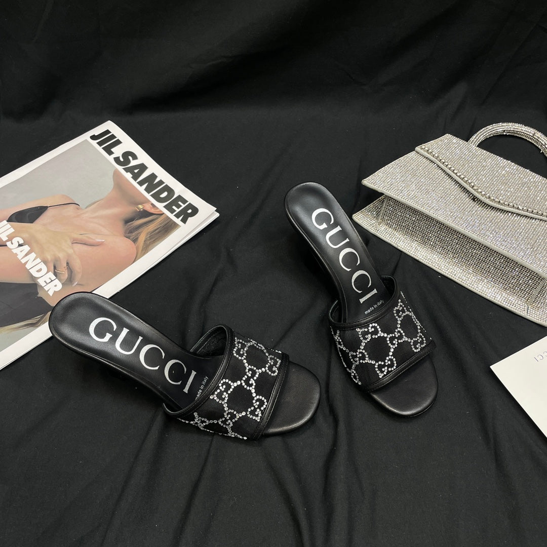 Black GG Mid-Heel Slide Sandal