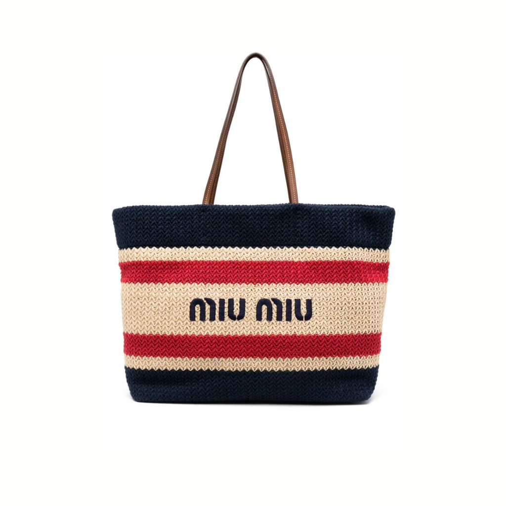 Blue Raffia-Effect Woven Tote Bag