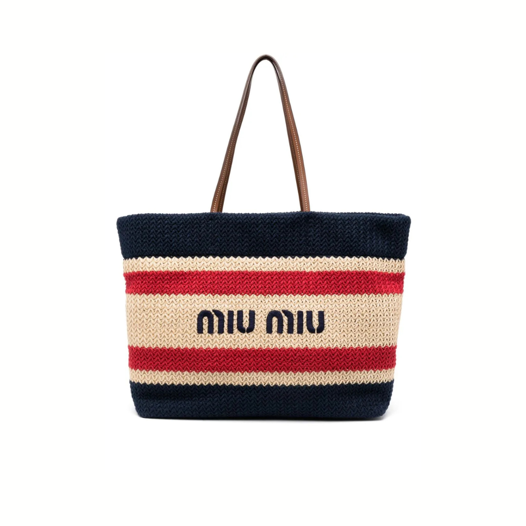 Blue Raffia-Effect Woven Tote Bag