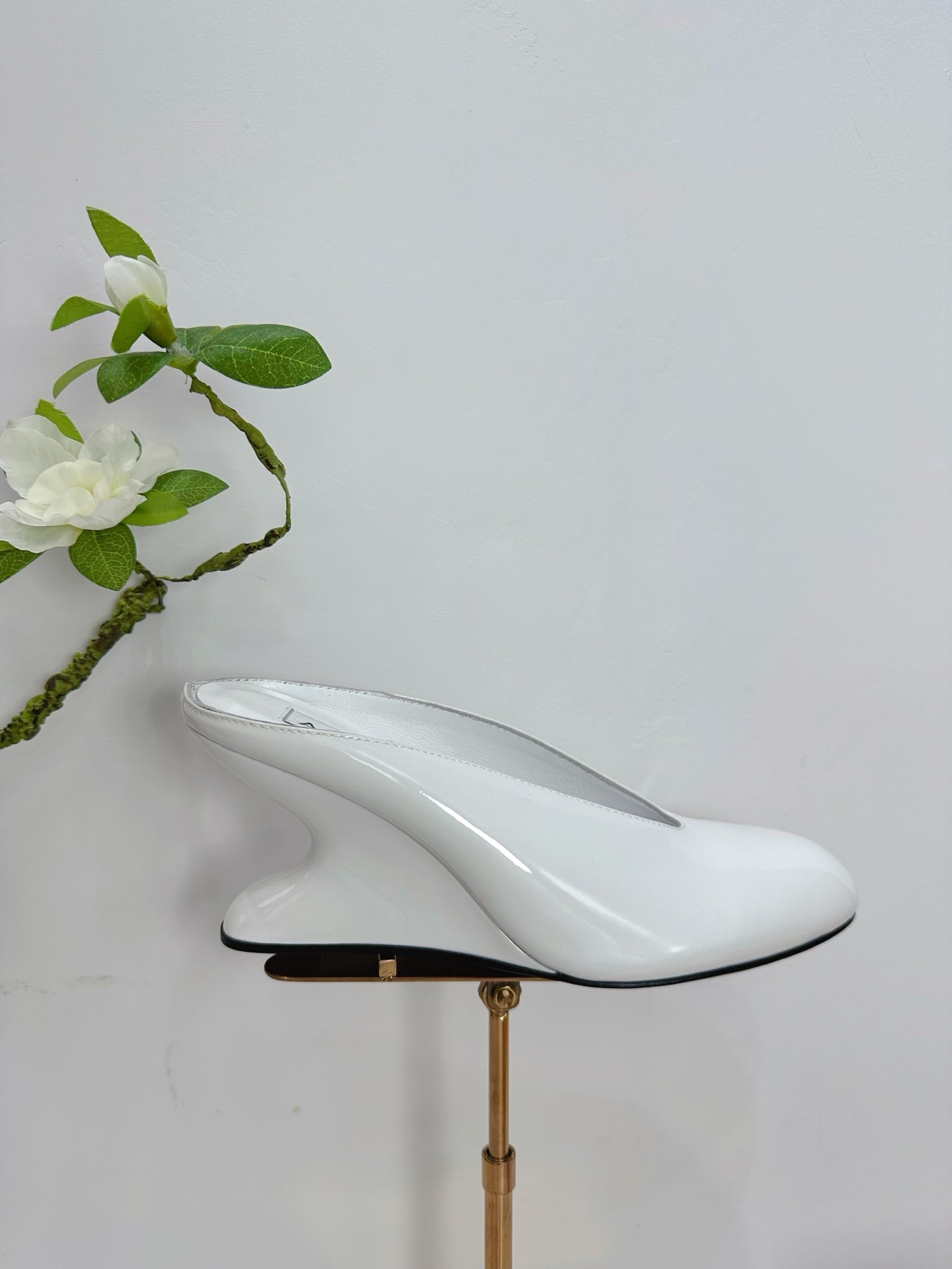 White Curve Wedge Mules