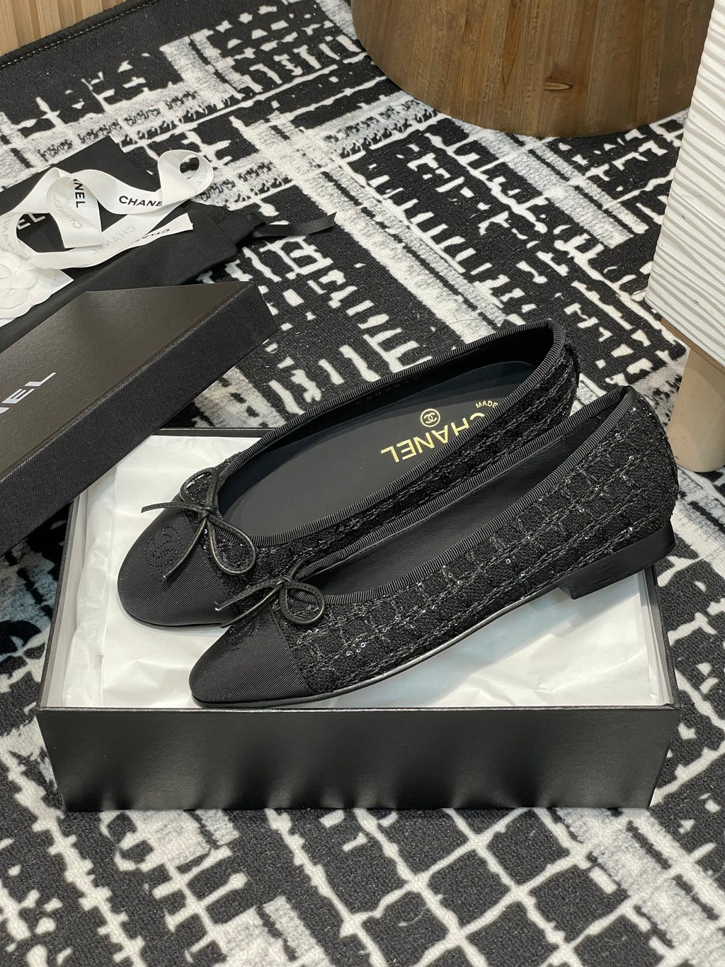 Black Glittered Tweed Ballet Flats