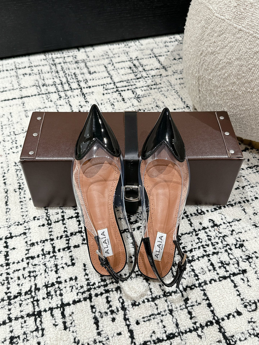 Black LC Flat Slingbacks In Patent Leather