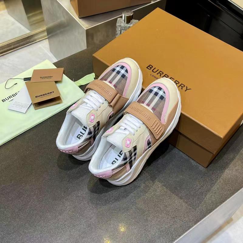 Brown/Pink Check Cotton and Leather Sneakers