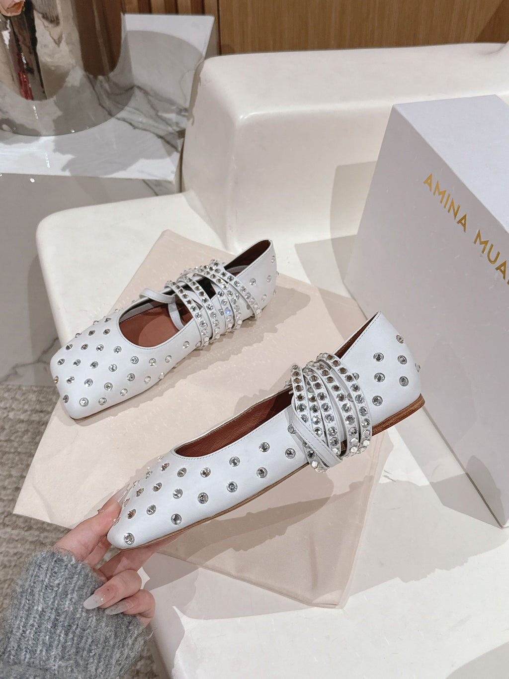 White Ane Embellished Leather Ballet Flats