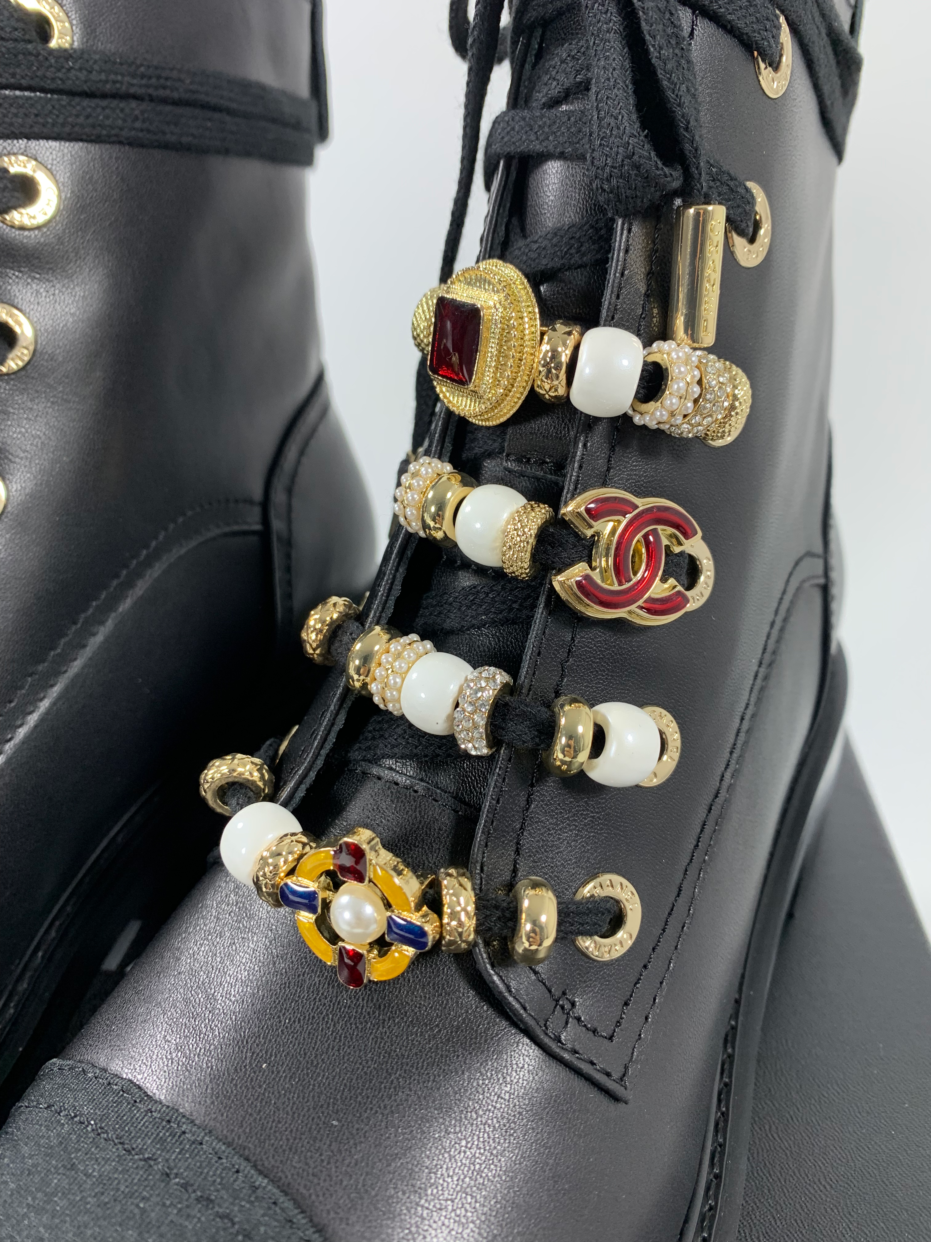 Leather, Grosgrain, Imitation Pearls, Strass & Metal Combat Boots