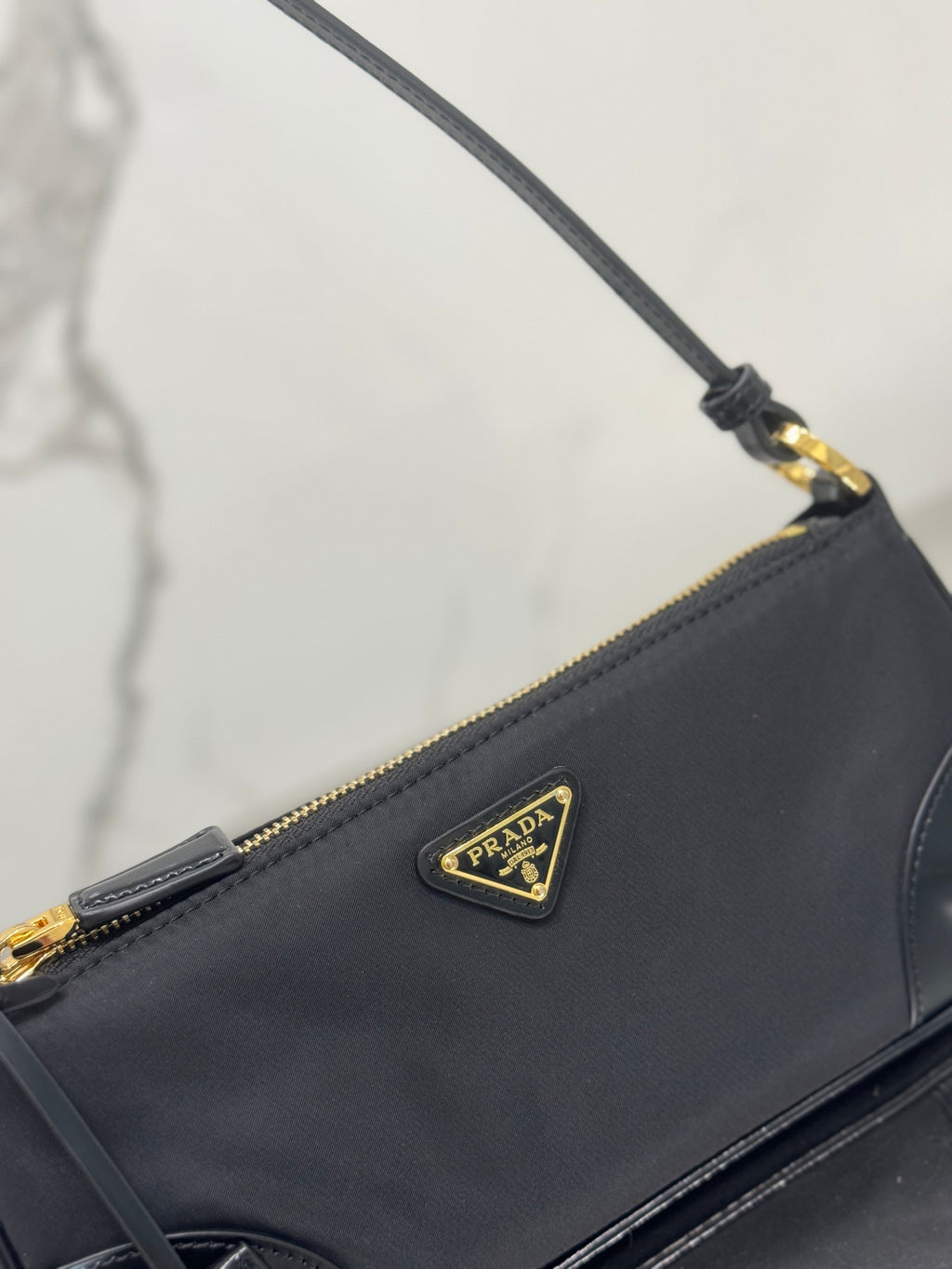 Black Re-Nylon & Brushed Leather Shoulder Bag