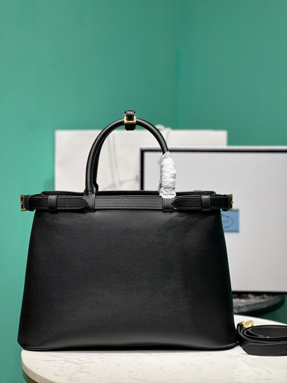 Black Buckle Medium Leather Handbag With Double Belt