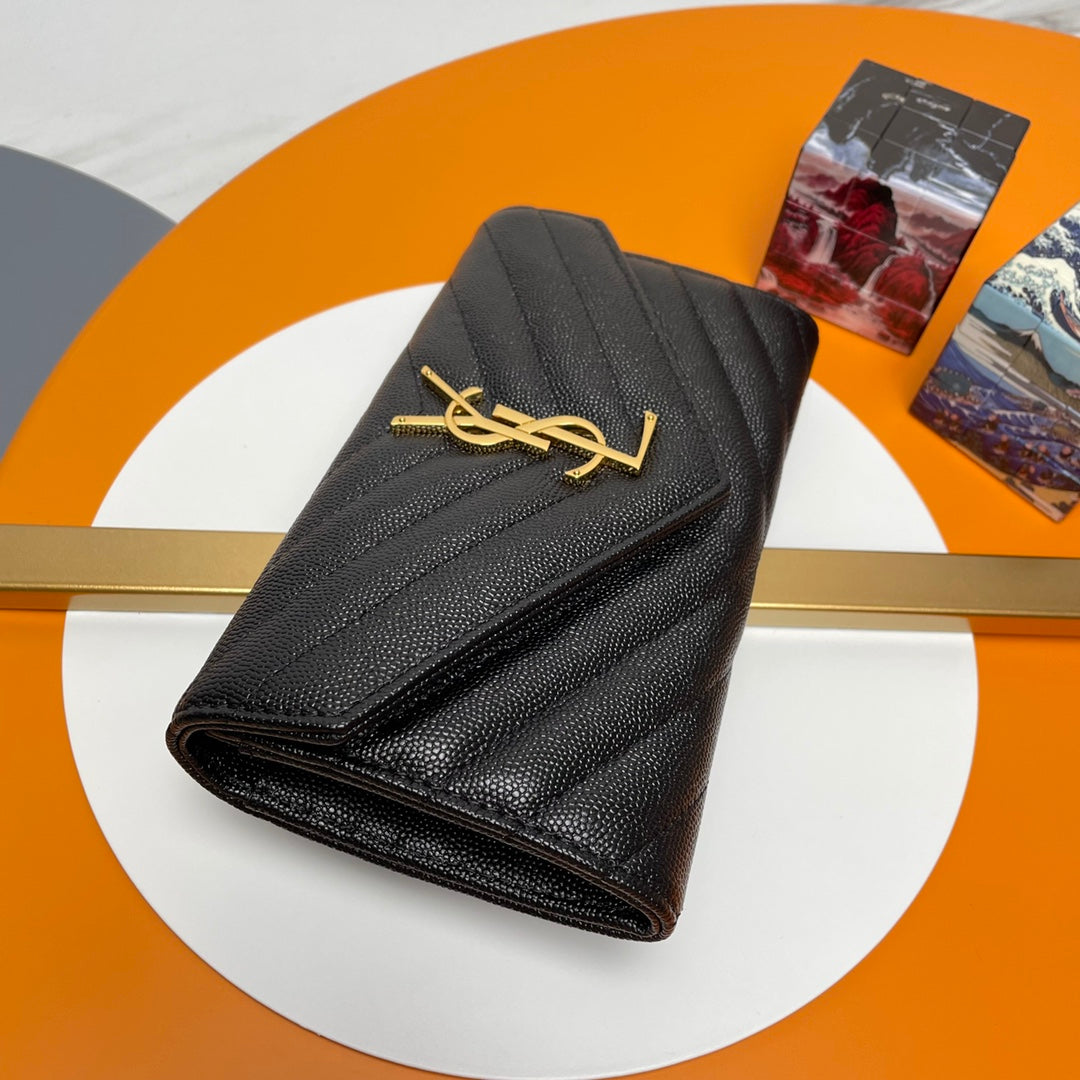 Black Large Flap Wallet With Gold-Tone Hardware