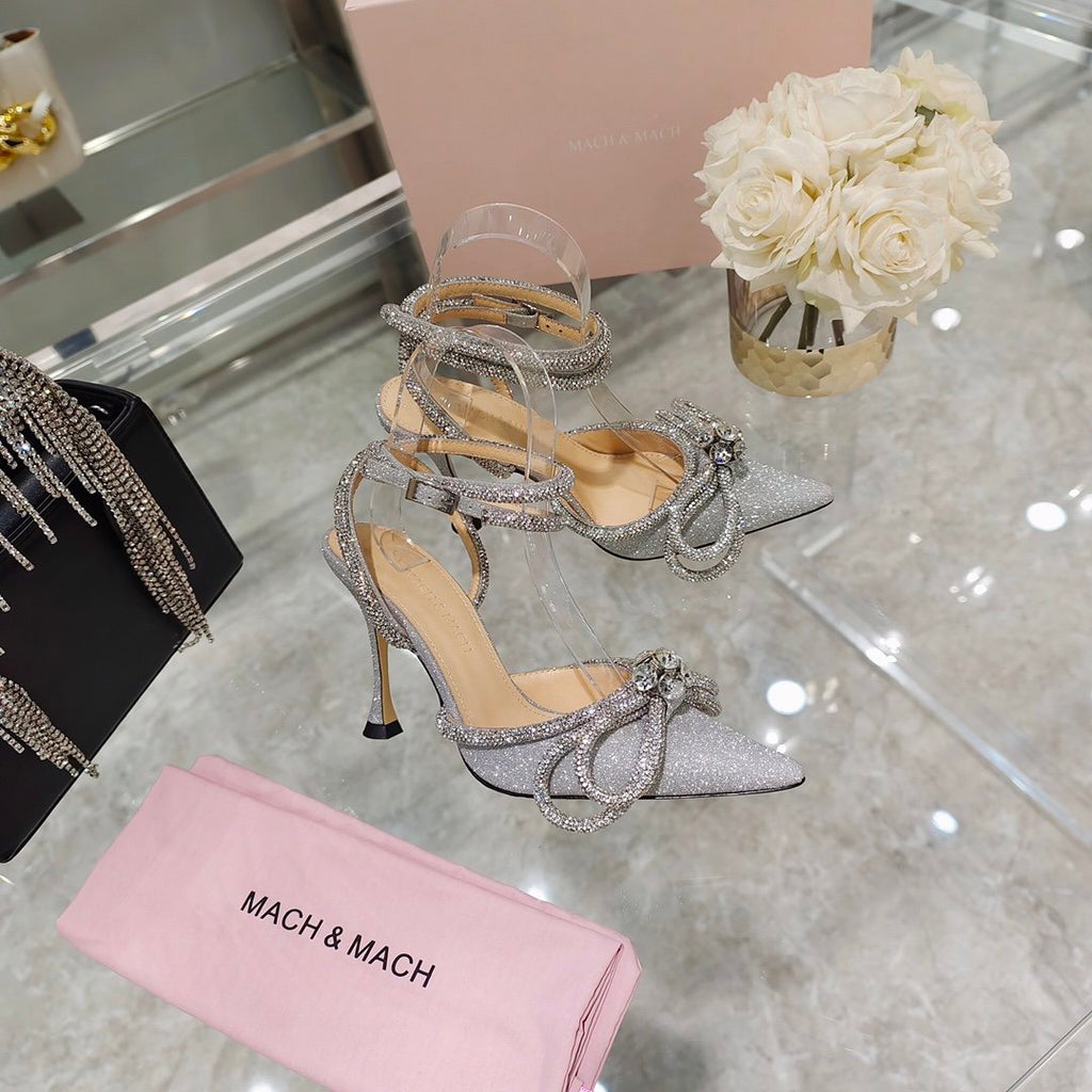 Metallic glitter double bow pumps