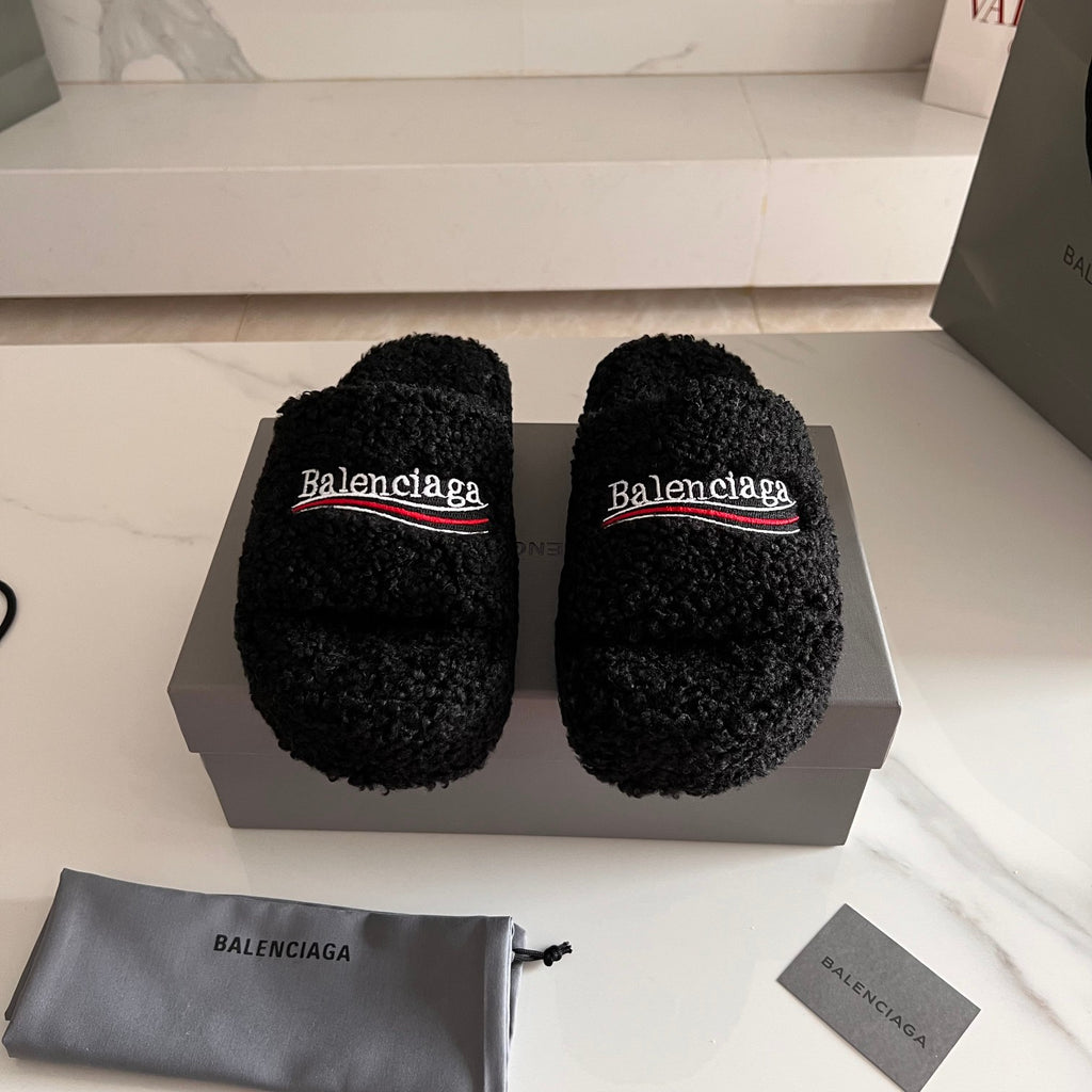 Black Furry Platform Sandal