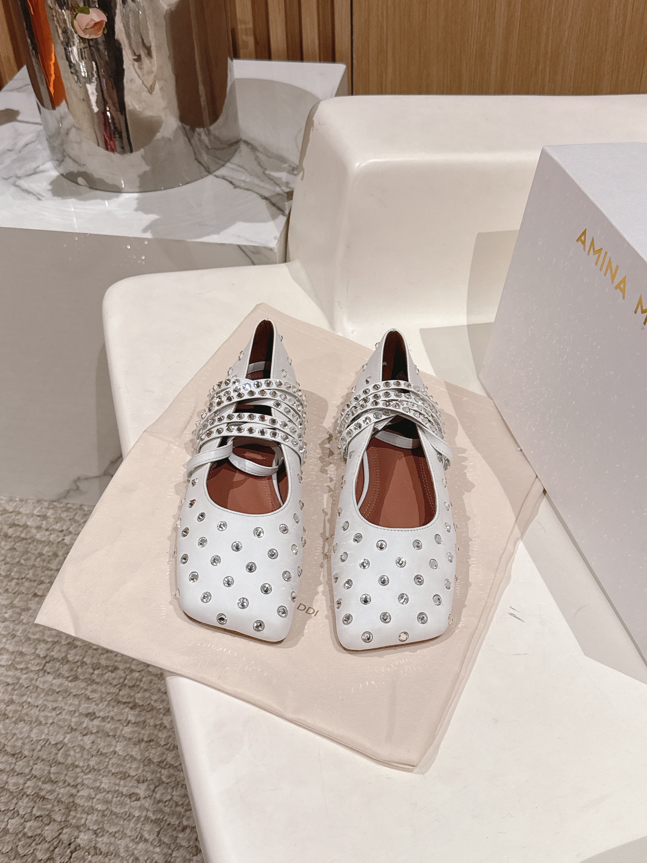 White Ane Embellished Leather Ballet Flats