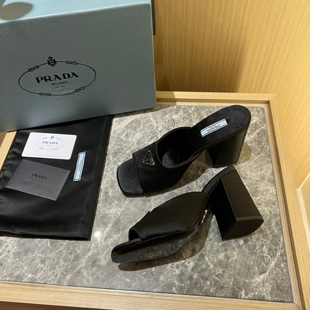 Black High-heeled satin slides