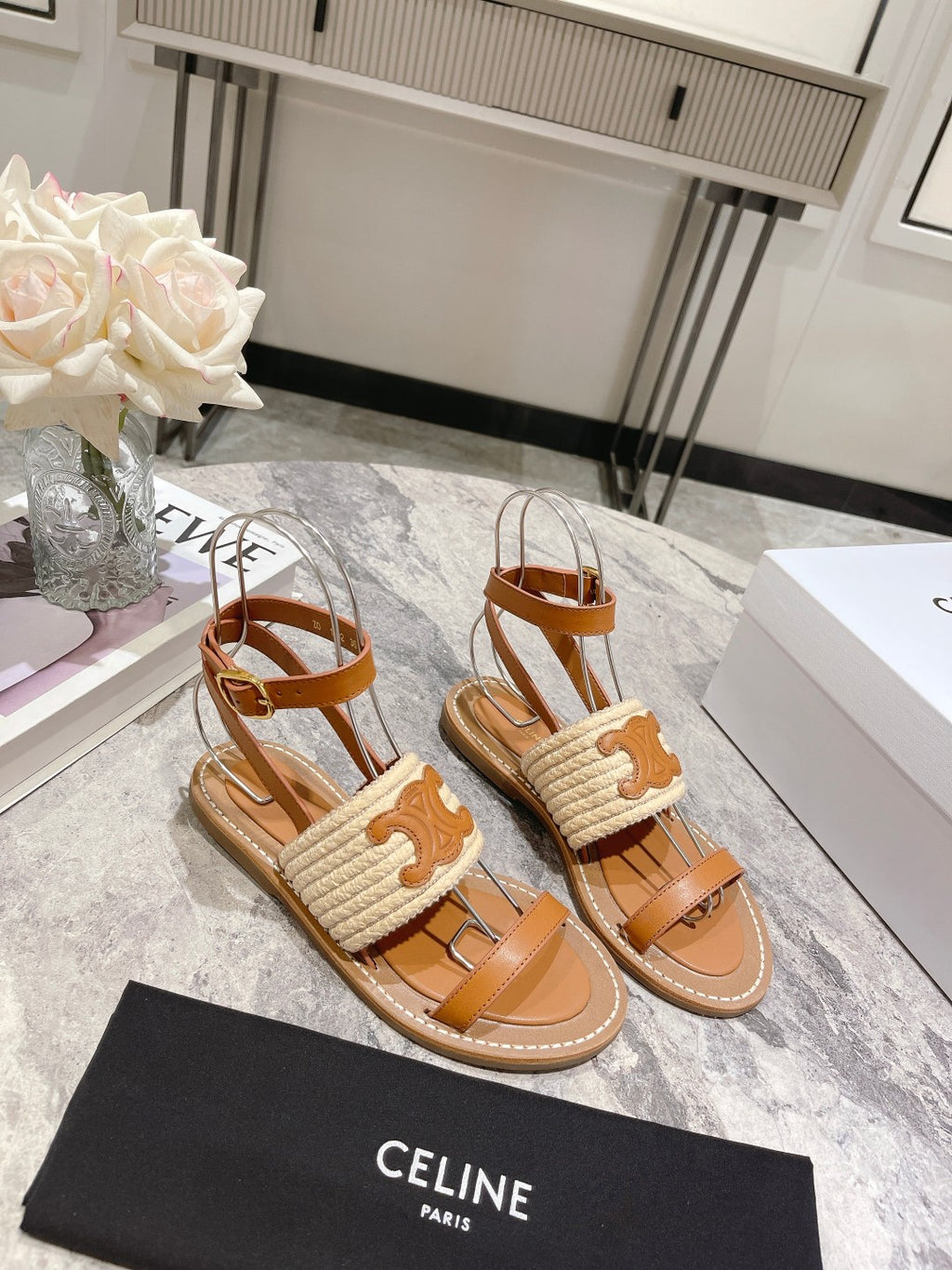 Beige & Tan CL Flat Strap Sandal