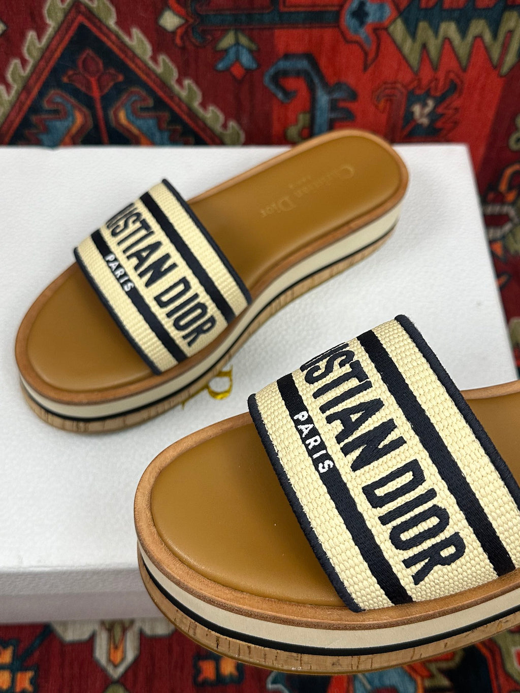 Natural Raffia & Black Embroidered DD Platform Slide