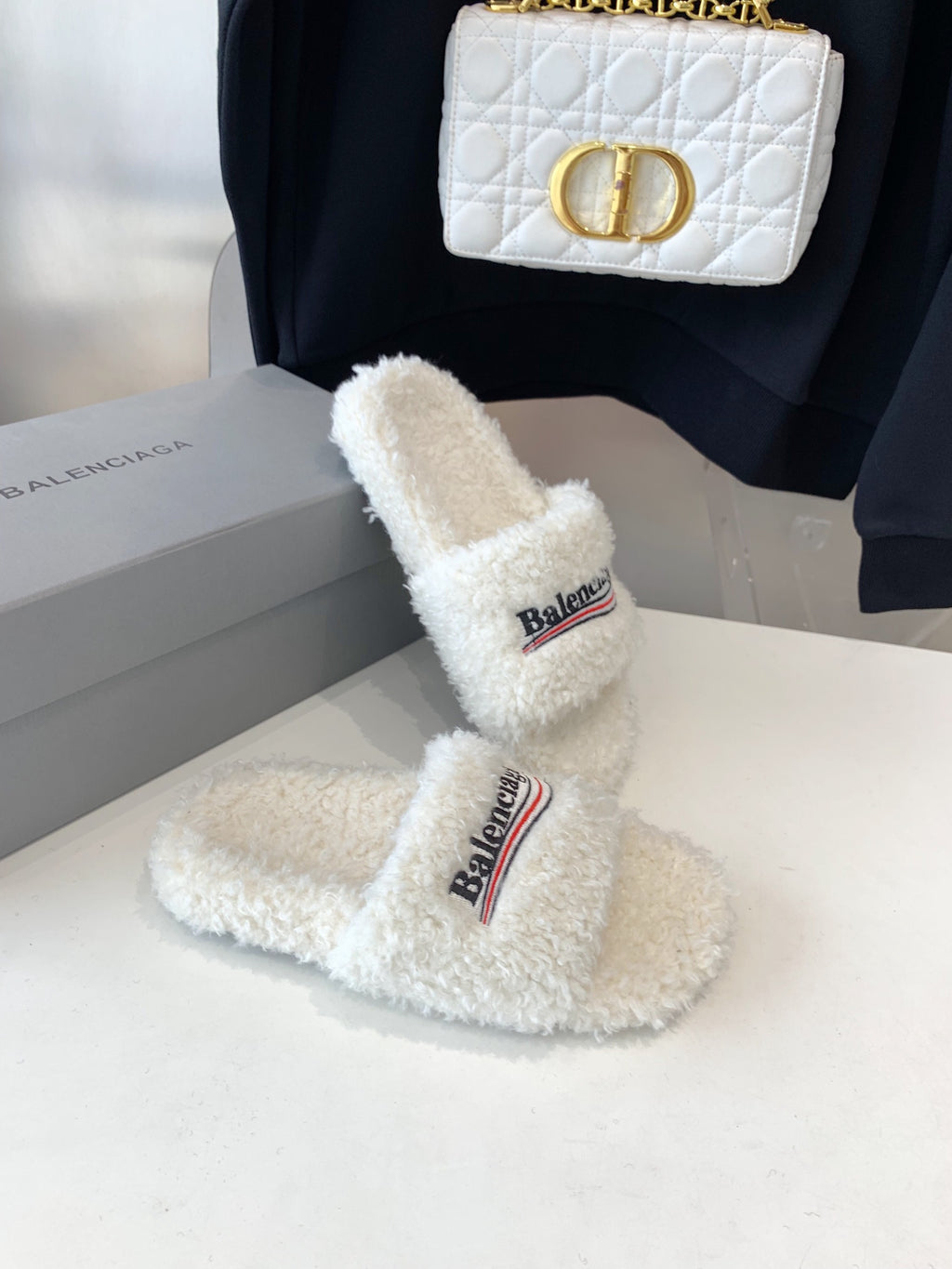 White Furry Slides Slip-On Sandals