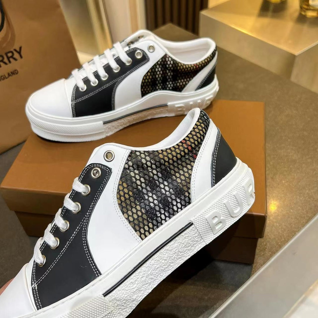 Women's Black & White Vintage Check Cotton, Mesh and Leather Sneakers