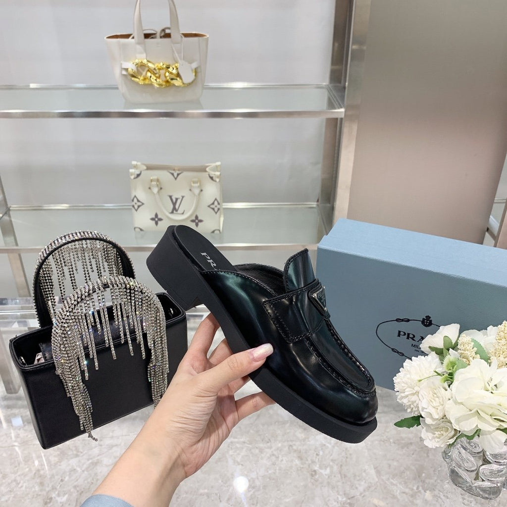 Black Brushed leather mules