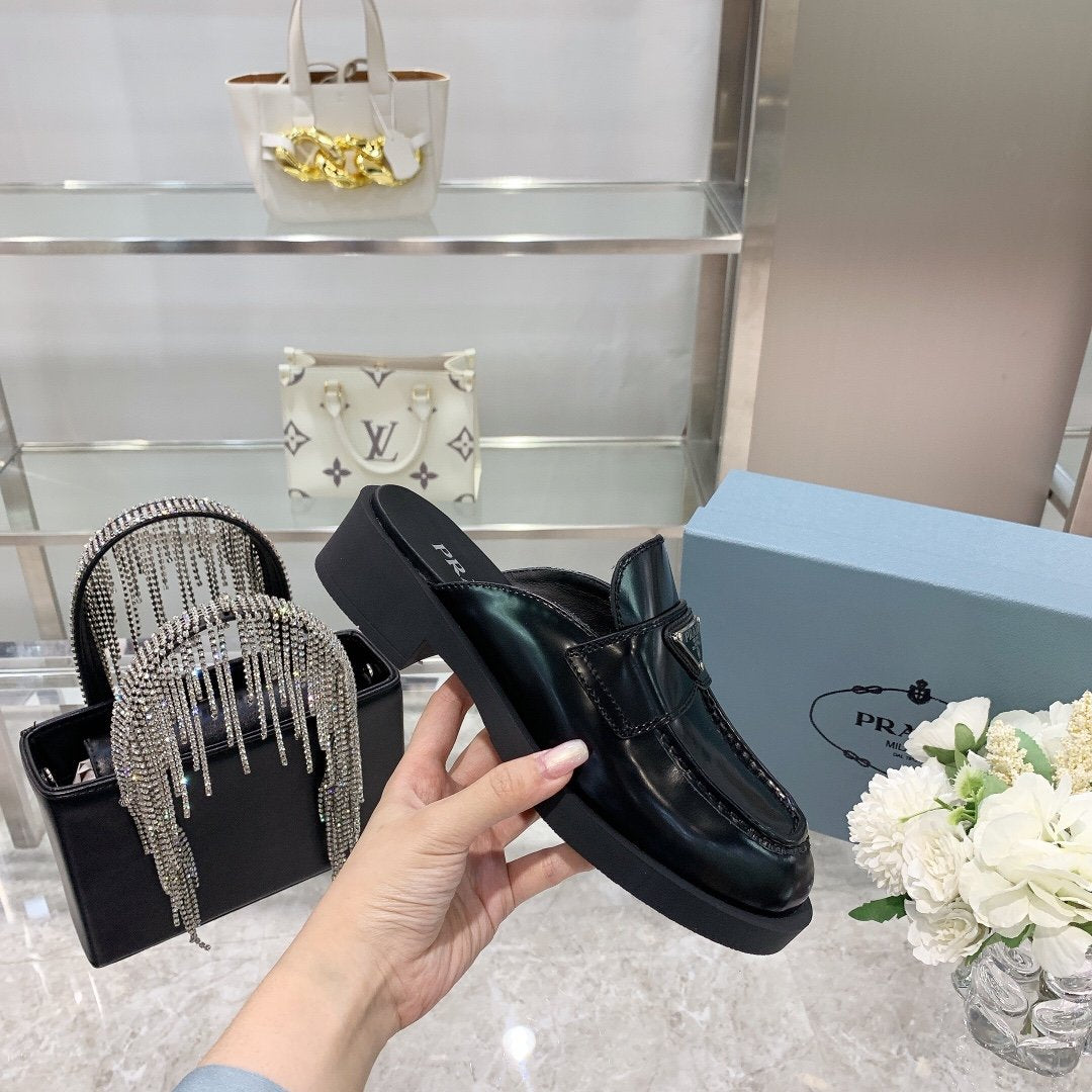 Black Brushed leather mules