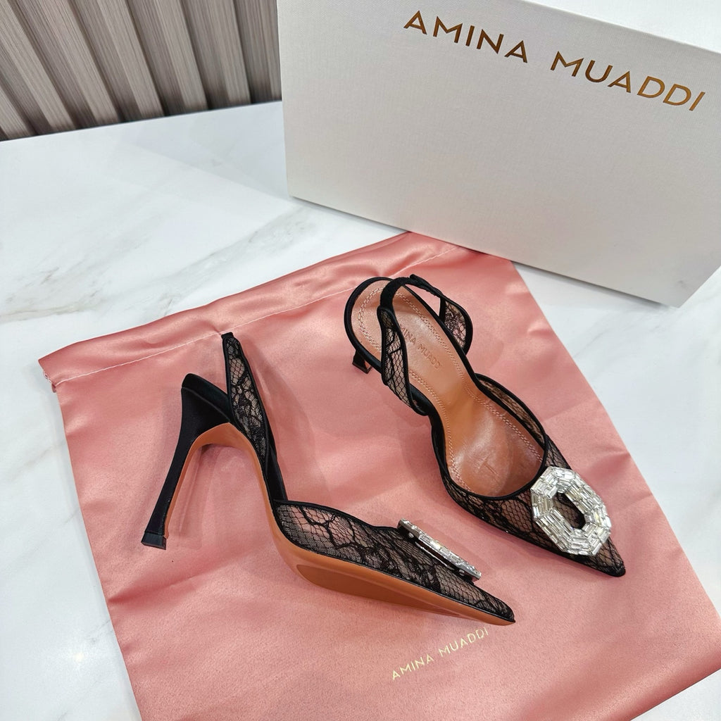 Black Camelia 90 Lace Slingback Pumps