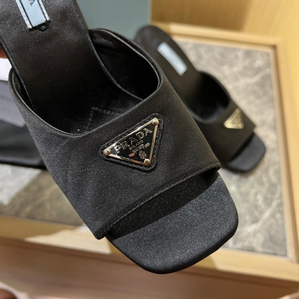 Black High-heeled satin slides