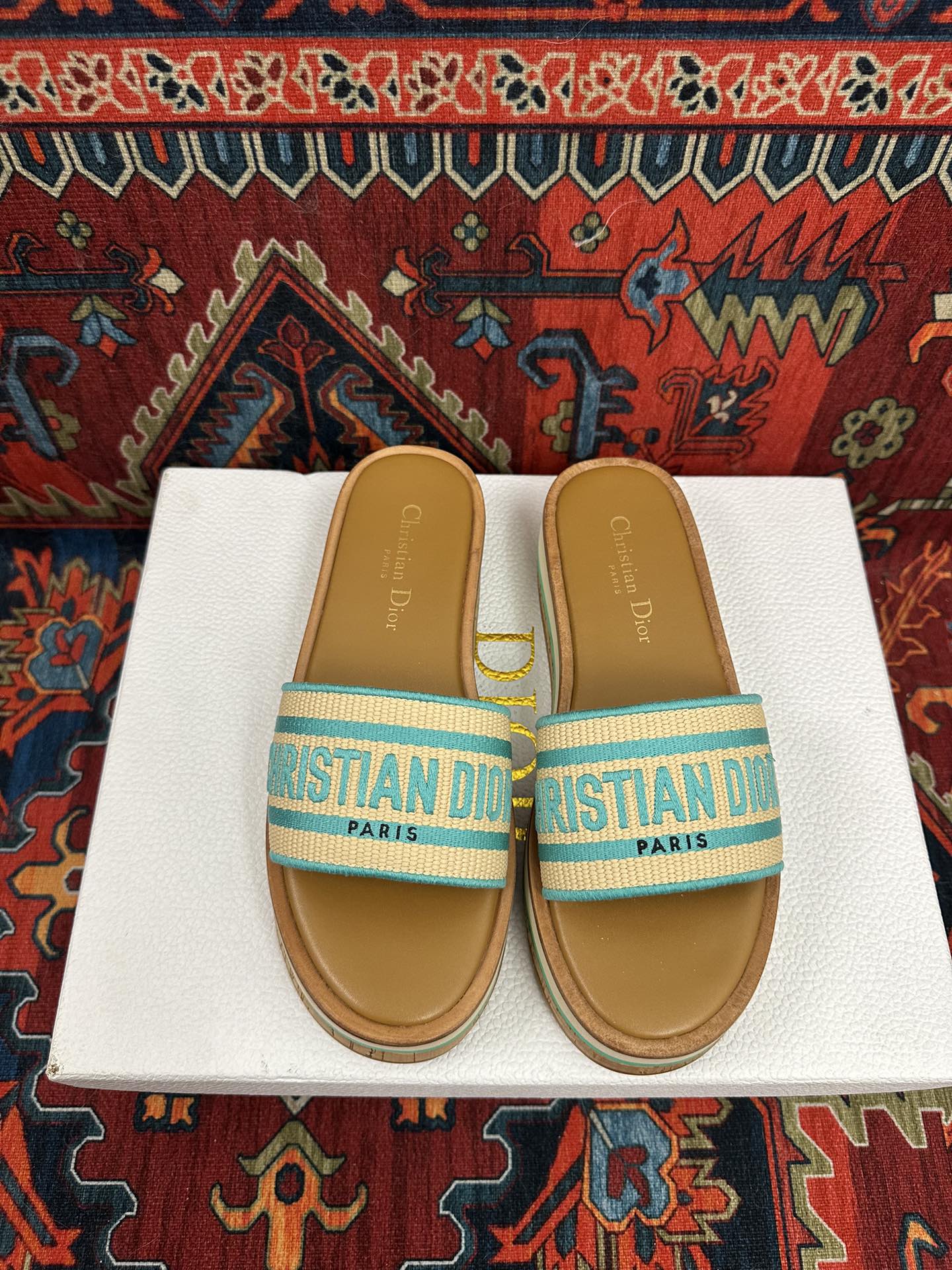 Natural Raffia & Aquamarina Embroidered DD Platform Slide