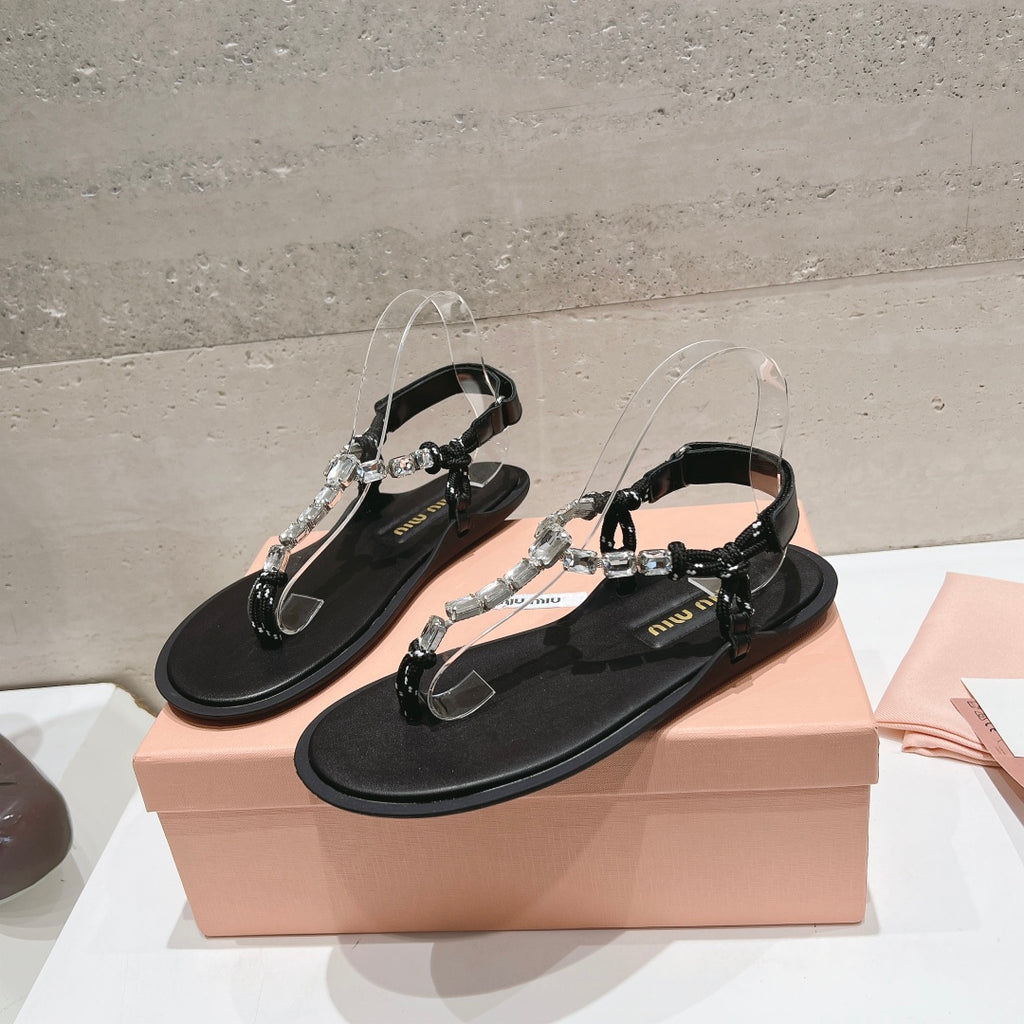 Crystal/Black Cotton Cord Thong Sandals