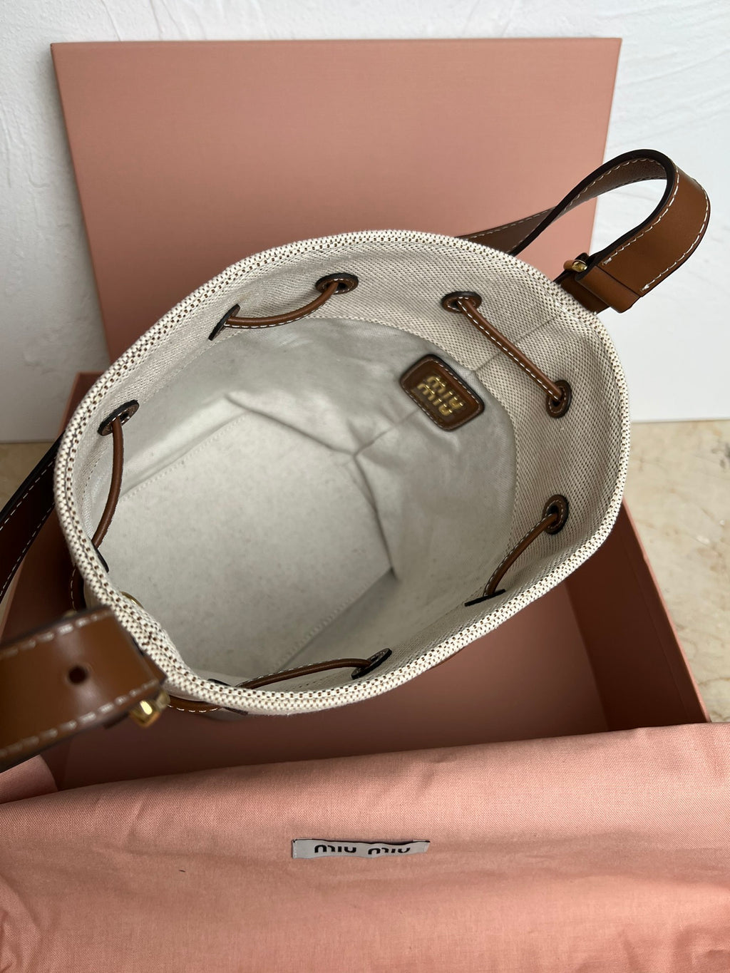 Beige/Brandy Canvas & Leather Bucket Bag