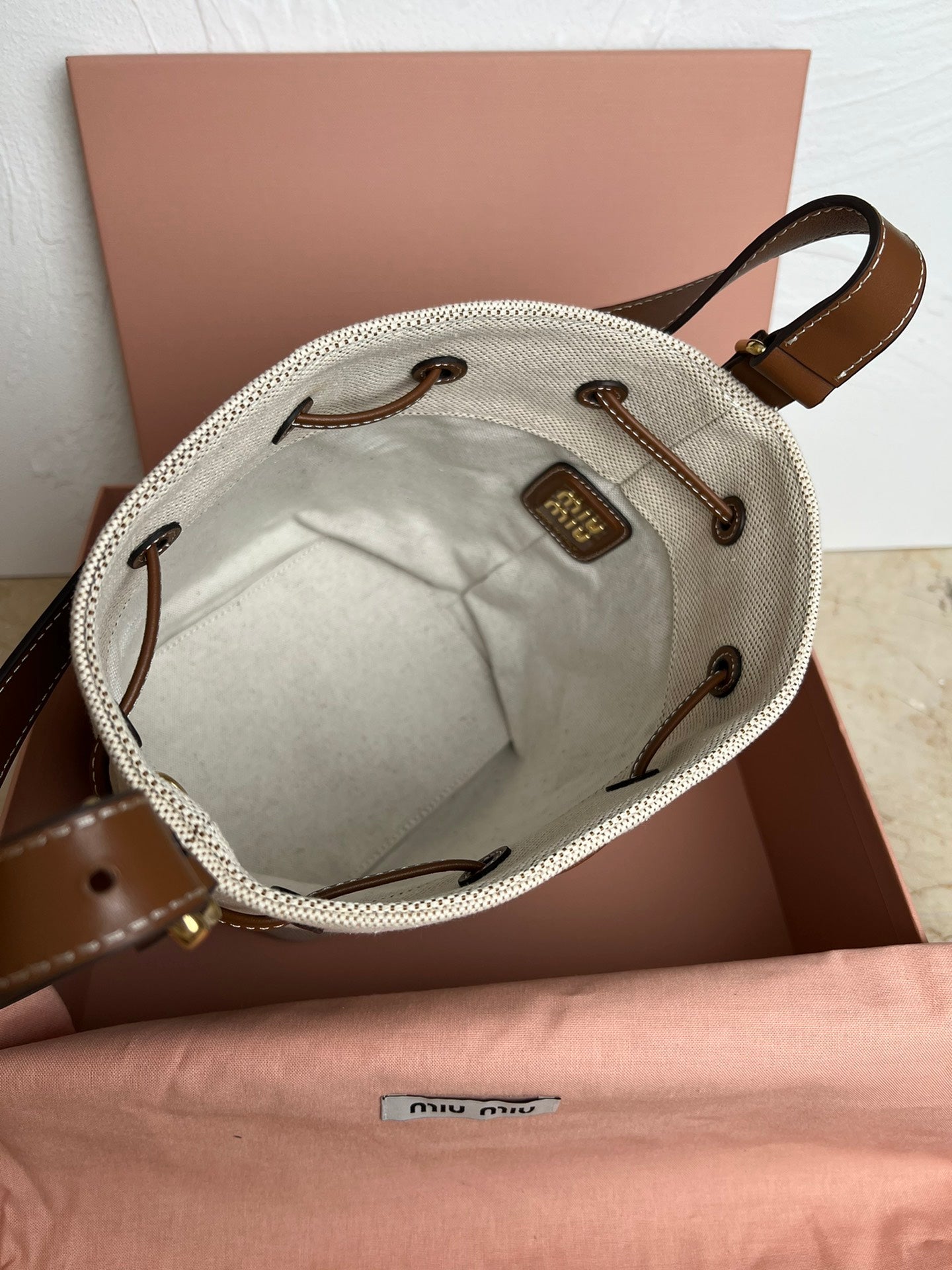 Beige/Brandy Canvas & Leather Bucket Bag