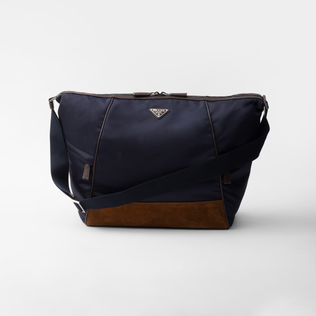 Blue/Coffee Re-Nylon & Leather Shoulder Bag