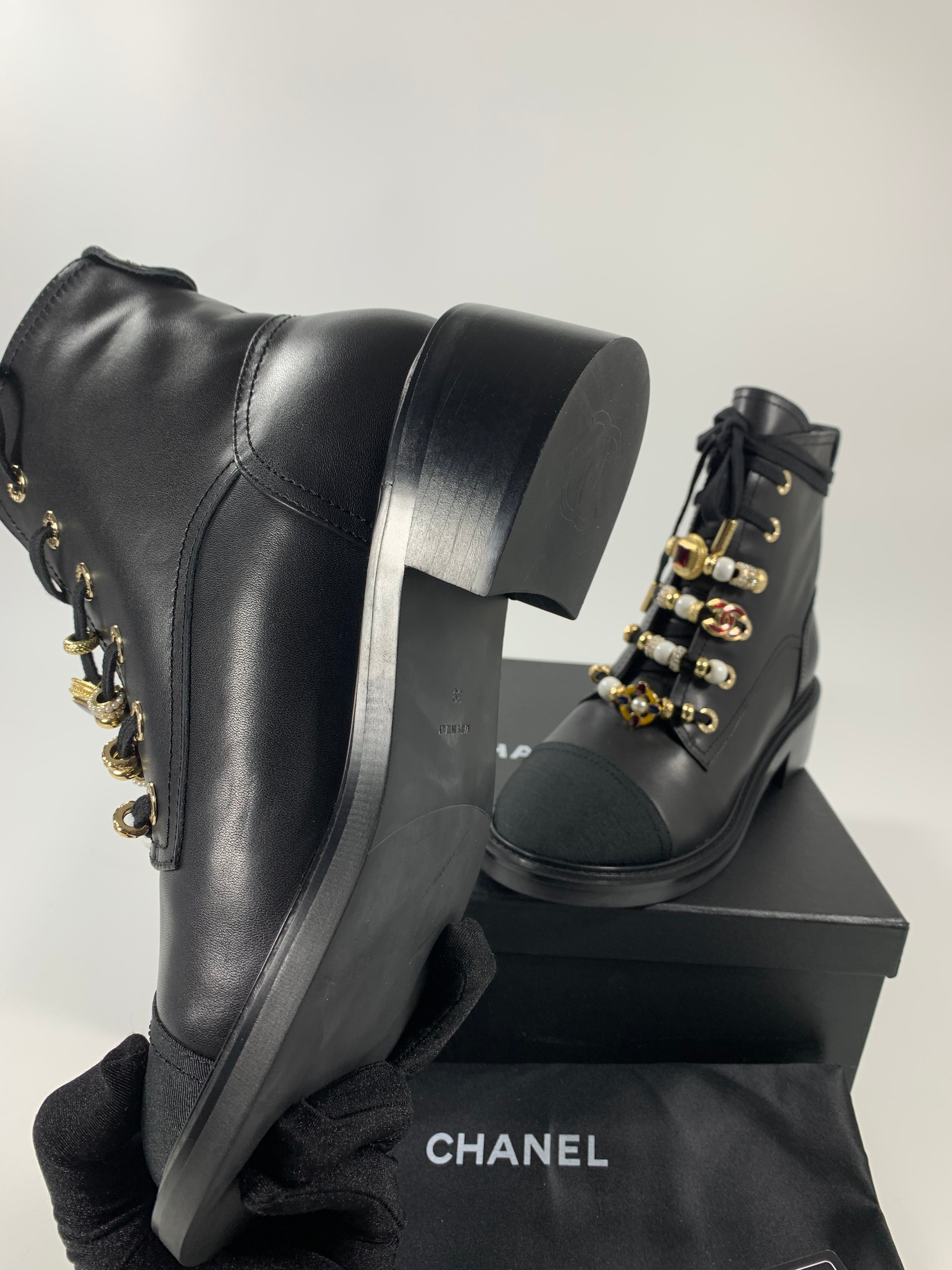 Leather, Grosgrain, Imitation Pearls, Strass & Metal Combat Boots