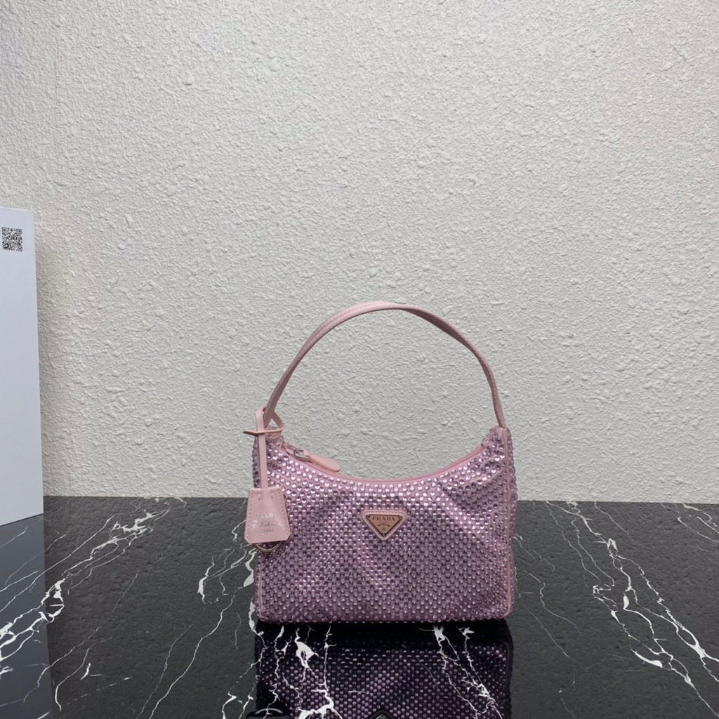 Pink satin mini-bag with crystals