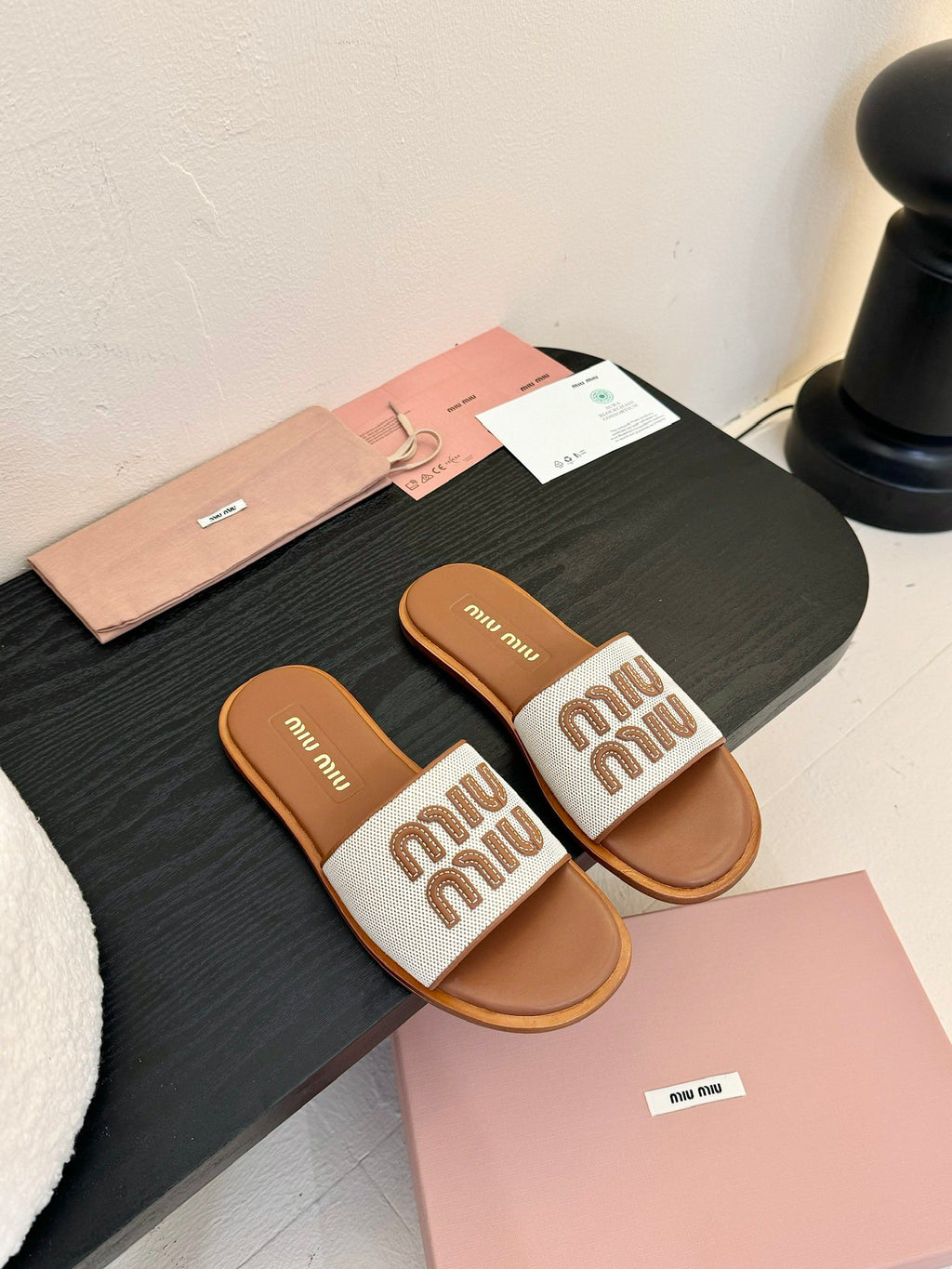 Beige/Brandy Canvas & Leather Slides
