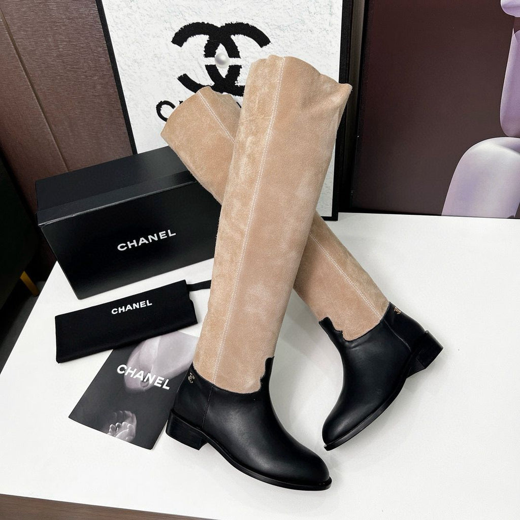 Beige Velvet Thigh Boots