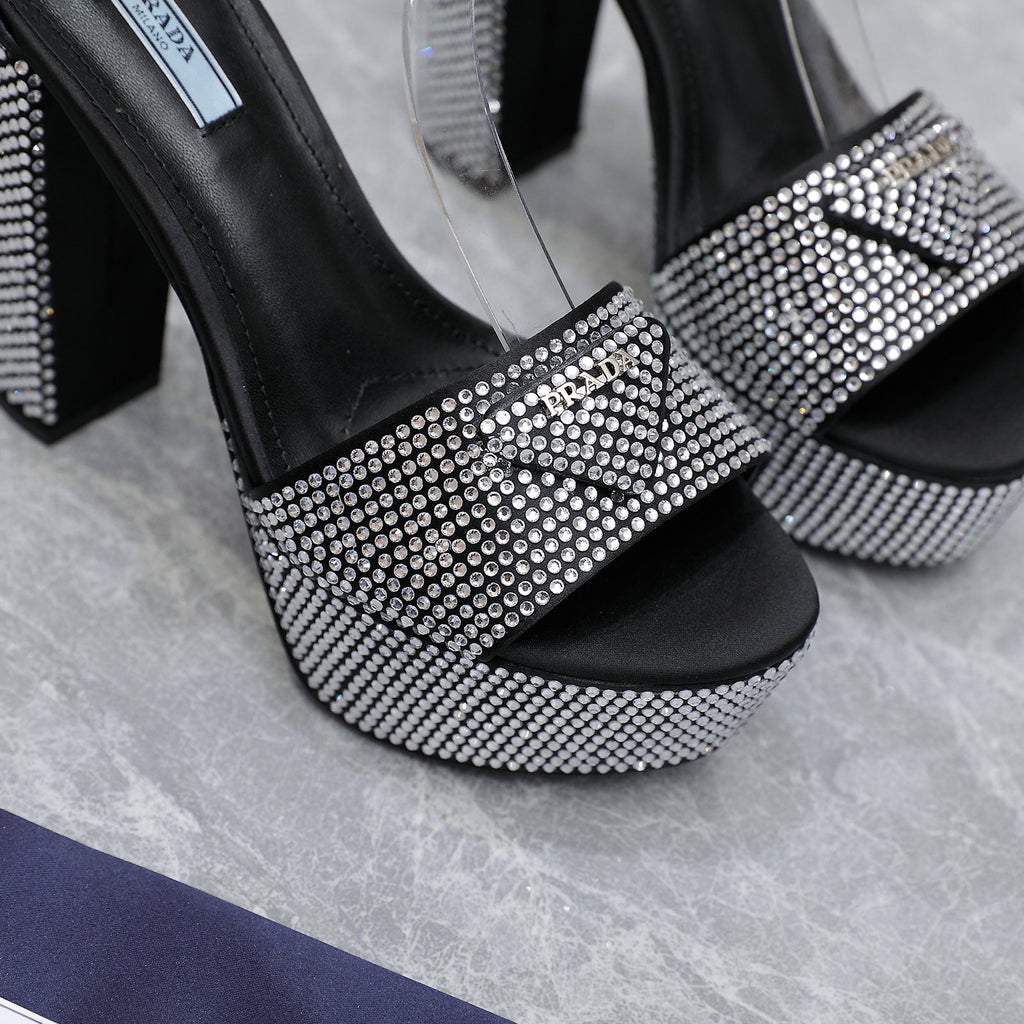 Black Satin Platform Sandals With Crystals