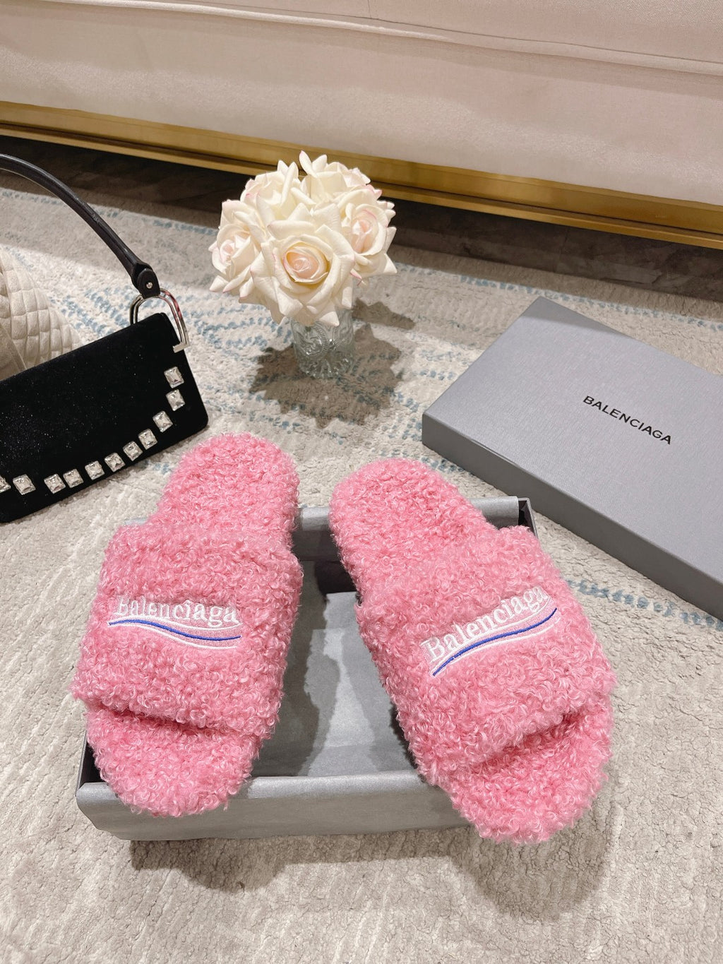 Pink Furry Slides Slip-On Sandals