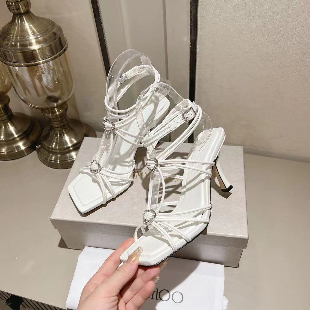 Latte Leather Sandals With Crystal Hearts