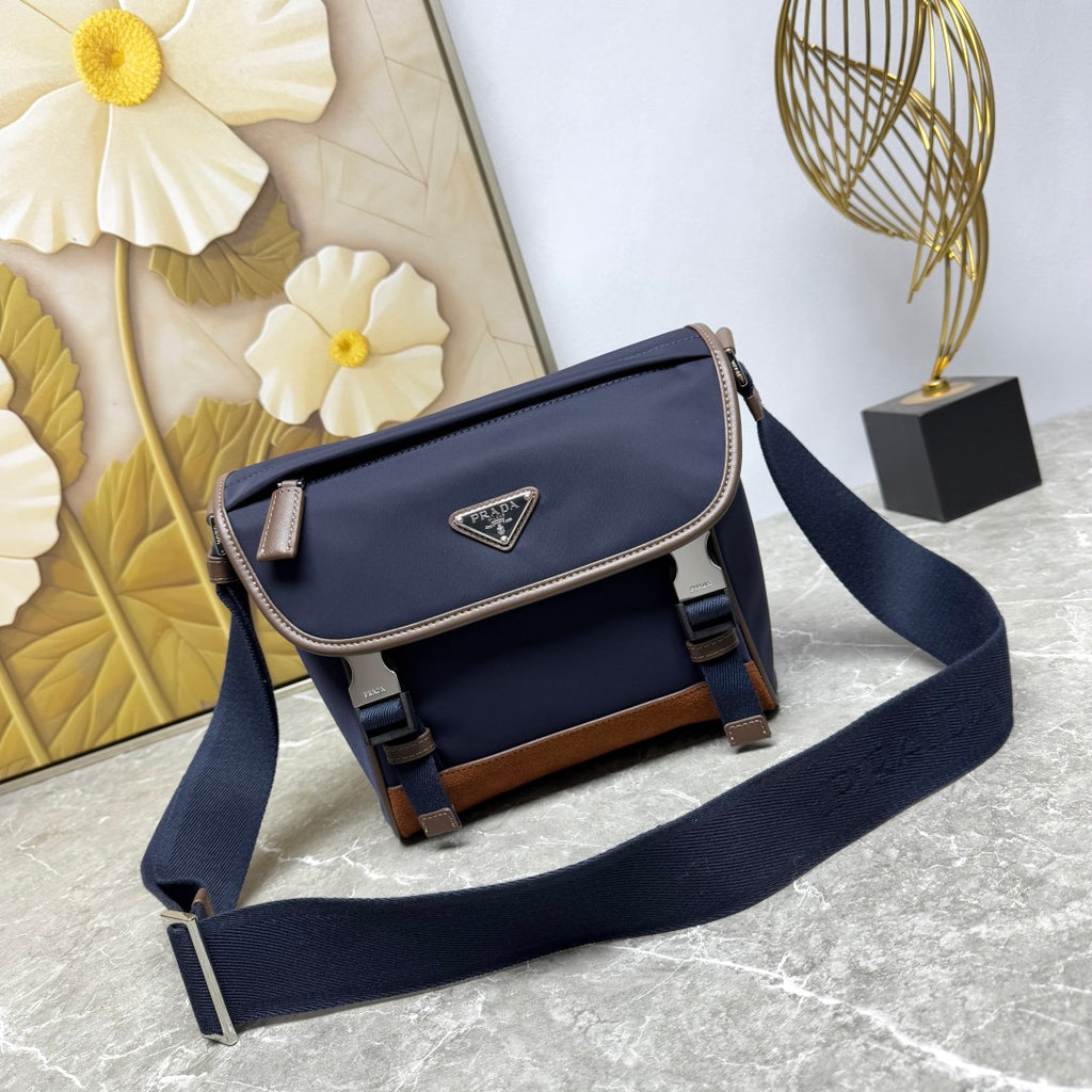 Blue/Coffee Medium Re-Nylon & Leather Shoulder Bag