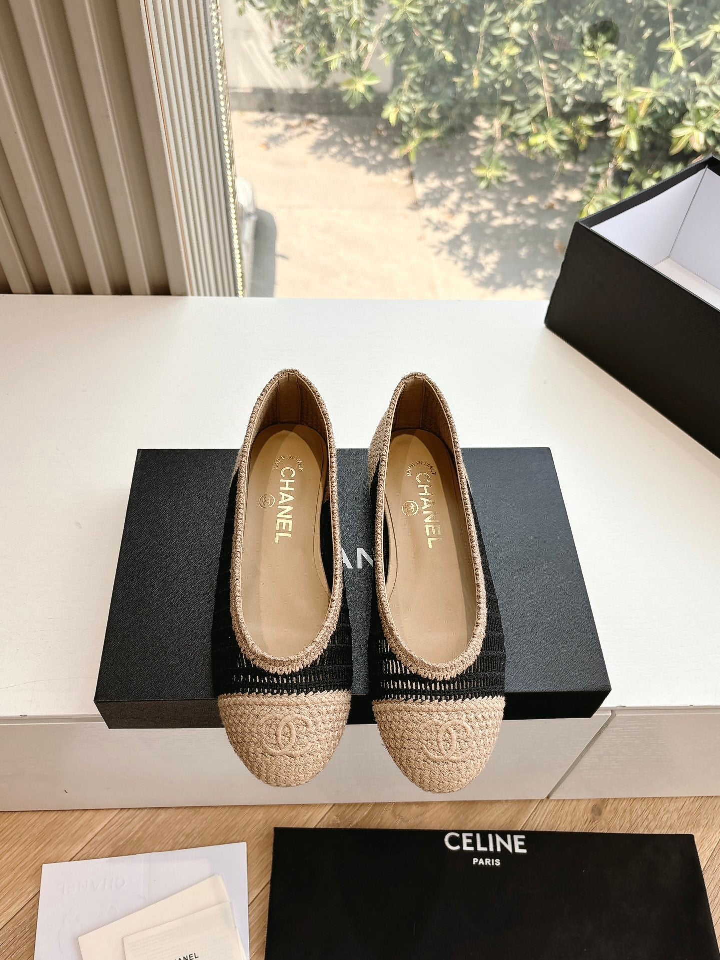 Black & Beige Raffia Ballet Flats